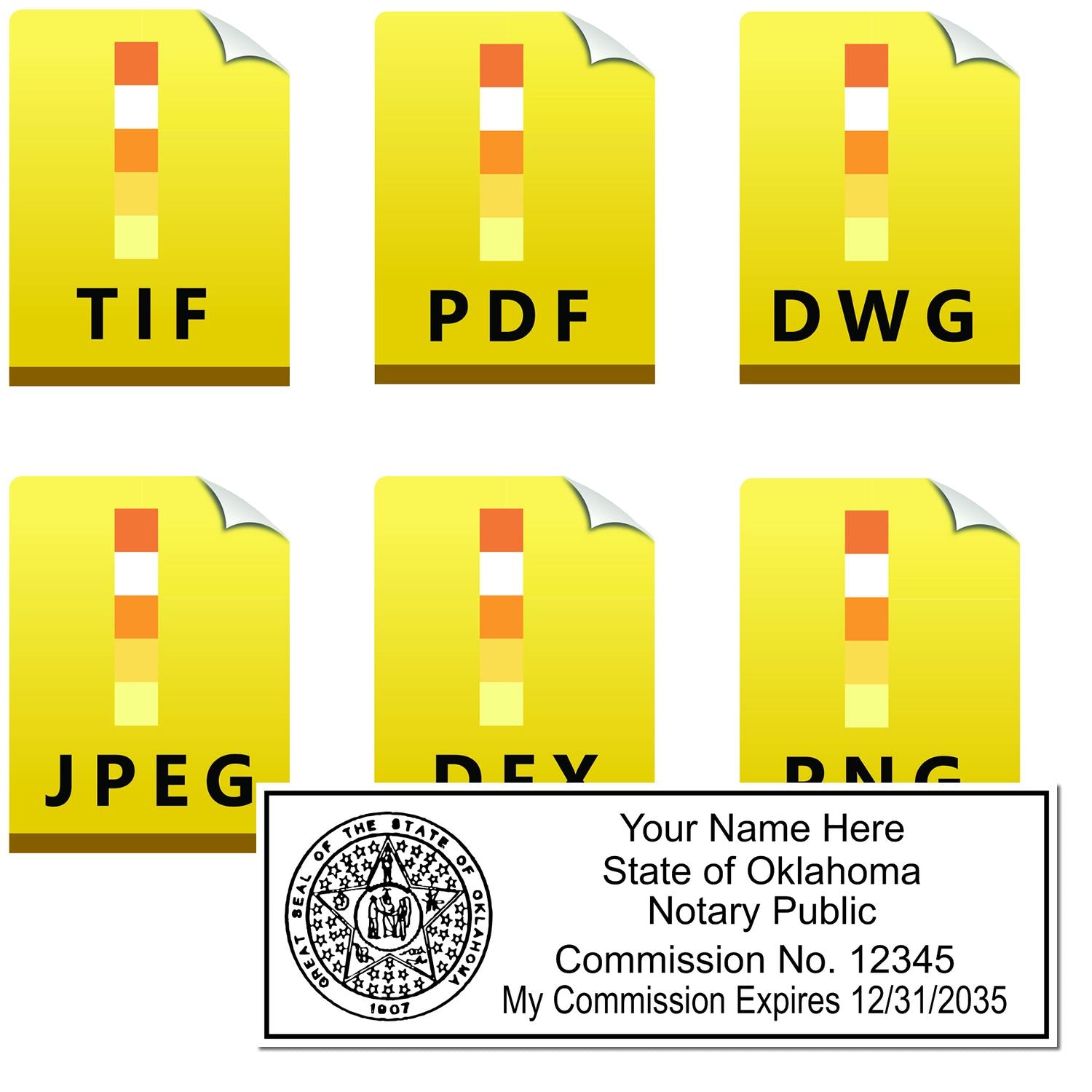 The main image for the Oklahoma Rectangular Digital Notary Seal depicting a sample of the imprint and electronic files