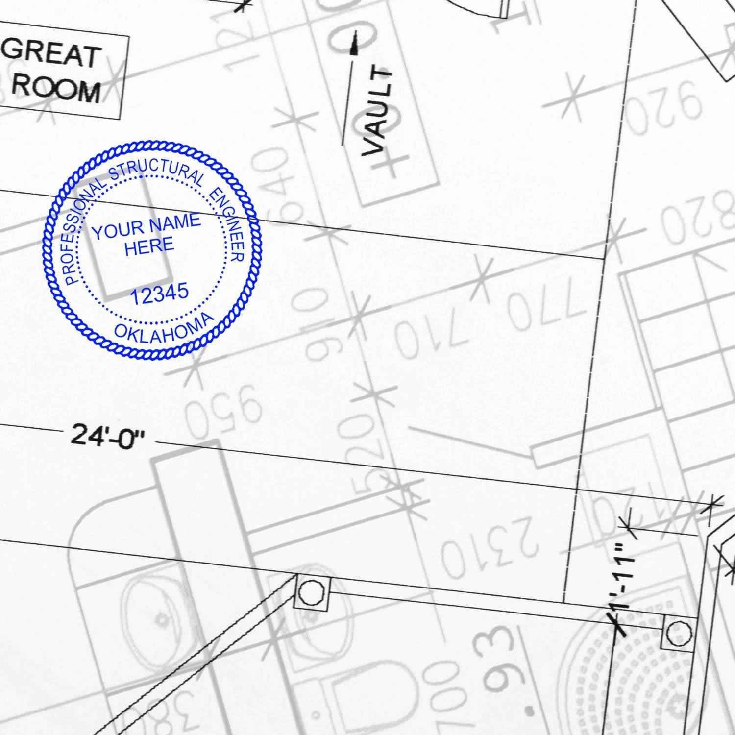 Blueprint with a MaxLight Pre-Inked Professional Engineer Stamp of Seal for Oklahoma Structural Engineer, featuring customizable name and license number fields.