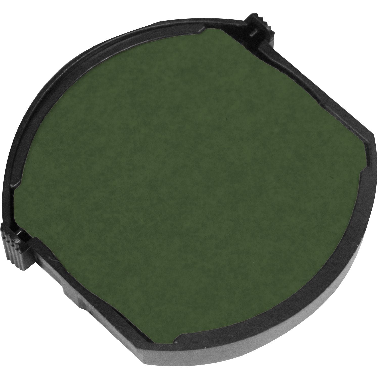 One Color Replacement Ink Pad for 46050 Trodat Stamp, green ink, round shape, black plastic casing, isolated on white background.