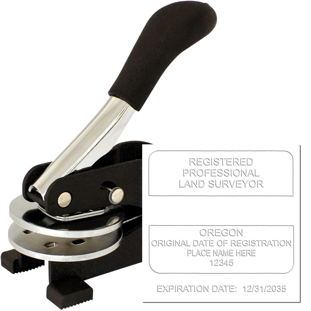 The main image for the Oregon Desk Surveyor Seal Embosser depicting a sample of the imprint and electronic files