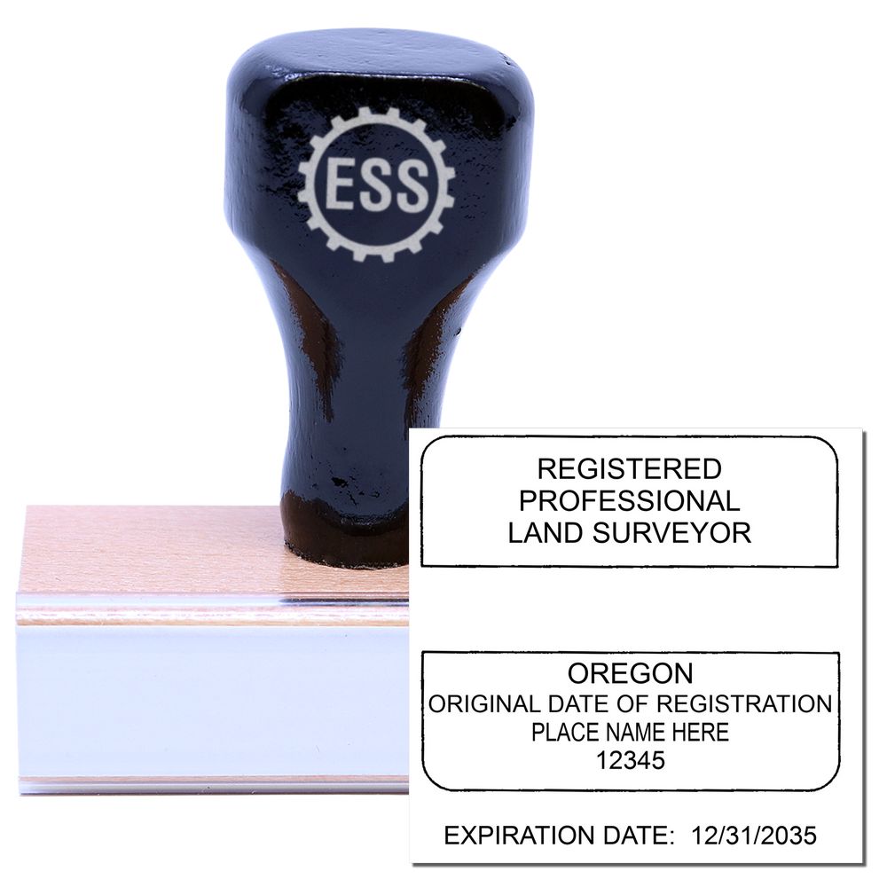 Image of an Oregon Land Surveyor Seal Stamp, OR PLS Stamp, with a wooden handle and a sample imprint showing registration details and expiration date.