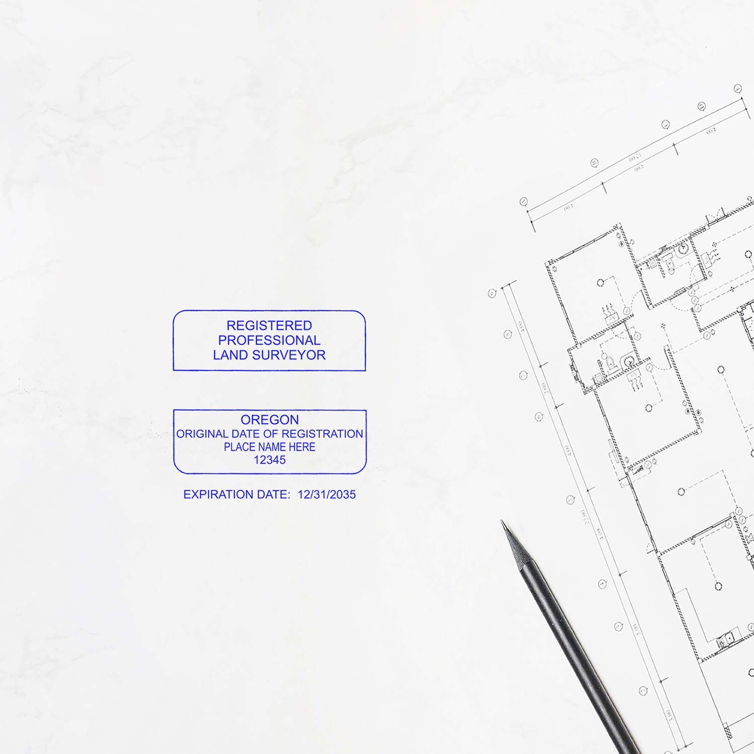 Premium MaxLight Pre-Inked Oregon Surveyors Stamp used on a document next to a pen and architectural blueprint.