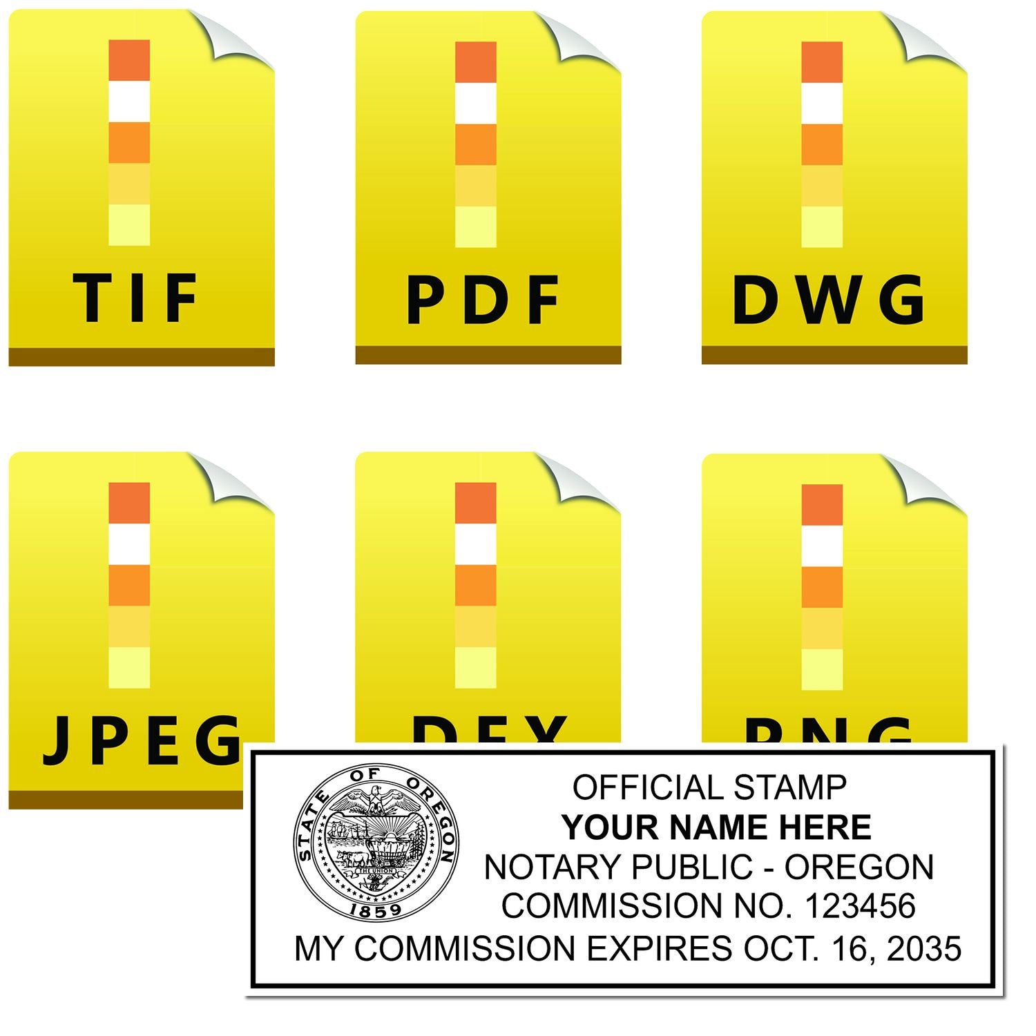 The main image for the Oregon Rectangular Digital Notary Seal depicting a sample of the imprint and electronic files