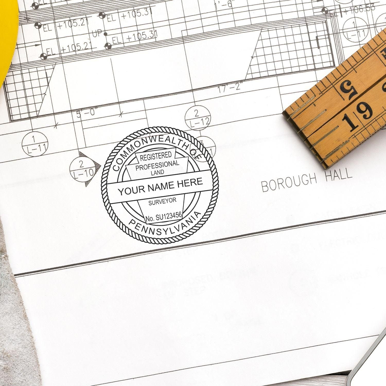 A photograph of the Slim Pre-Inked Pennsylvania Land Surveyor Seal Stamp stamp impression reveals a vivid, professional image of the on paper.
