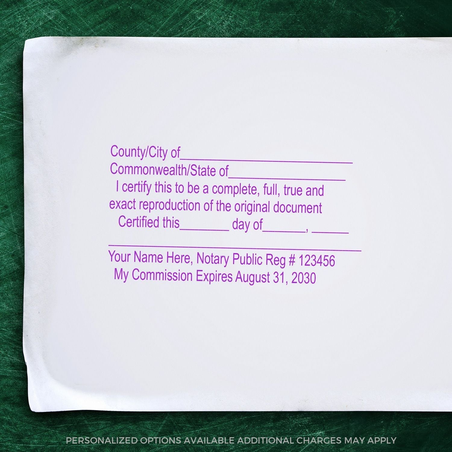 MaxLight Pre-Inked Notary Certified Copy Stamp imprint on a document with customizable fields for location, date, notary name, and commission details.