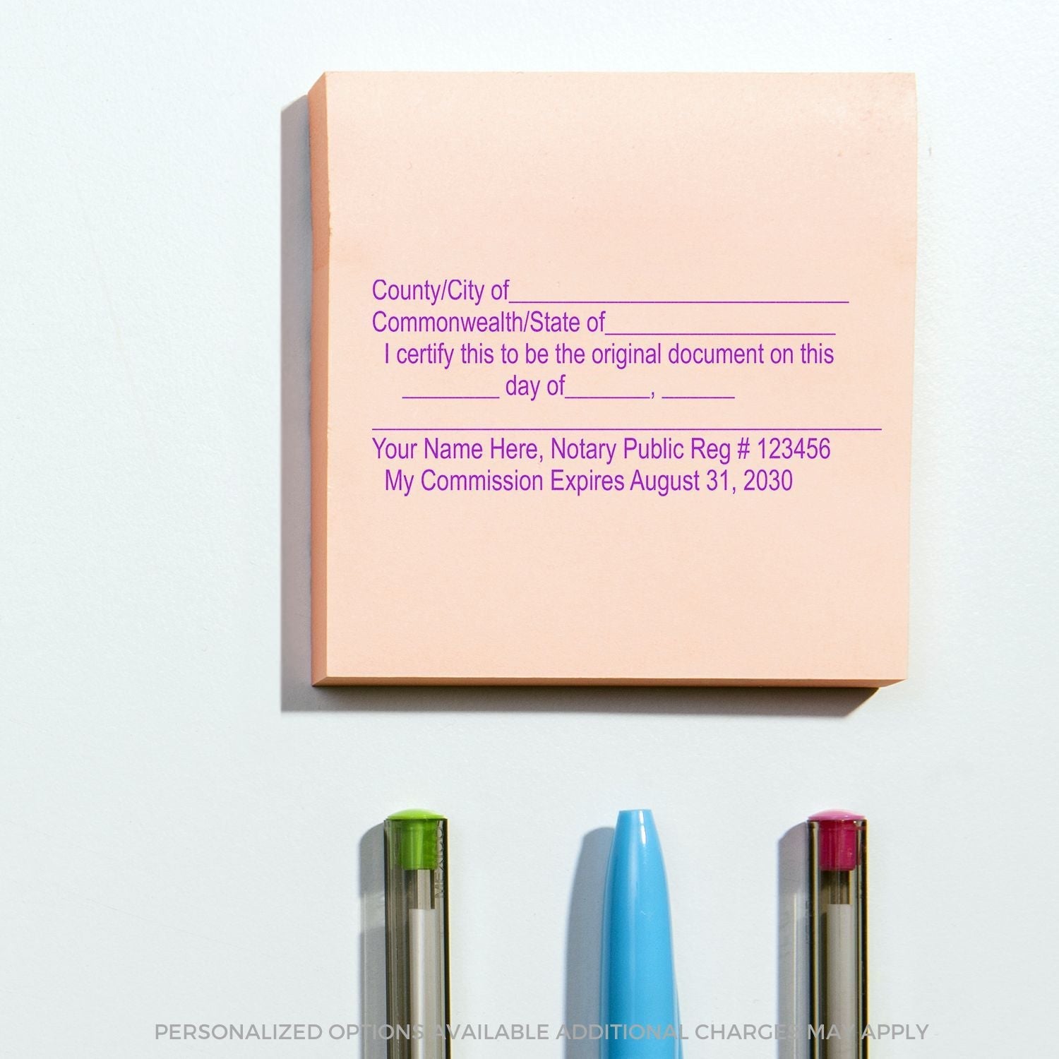 Slim Pre-Inked Original Document Stamp used on a pink sticky note with text fields for certification, name, registration, and commission expiry.
