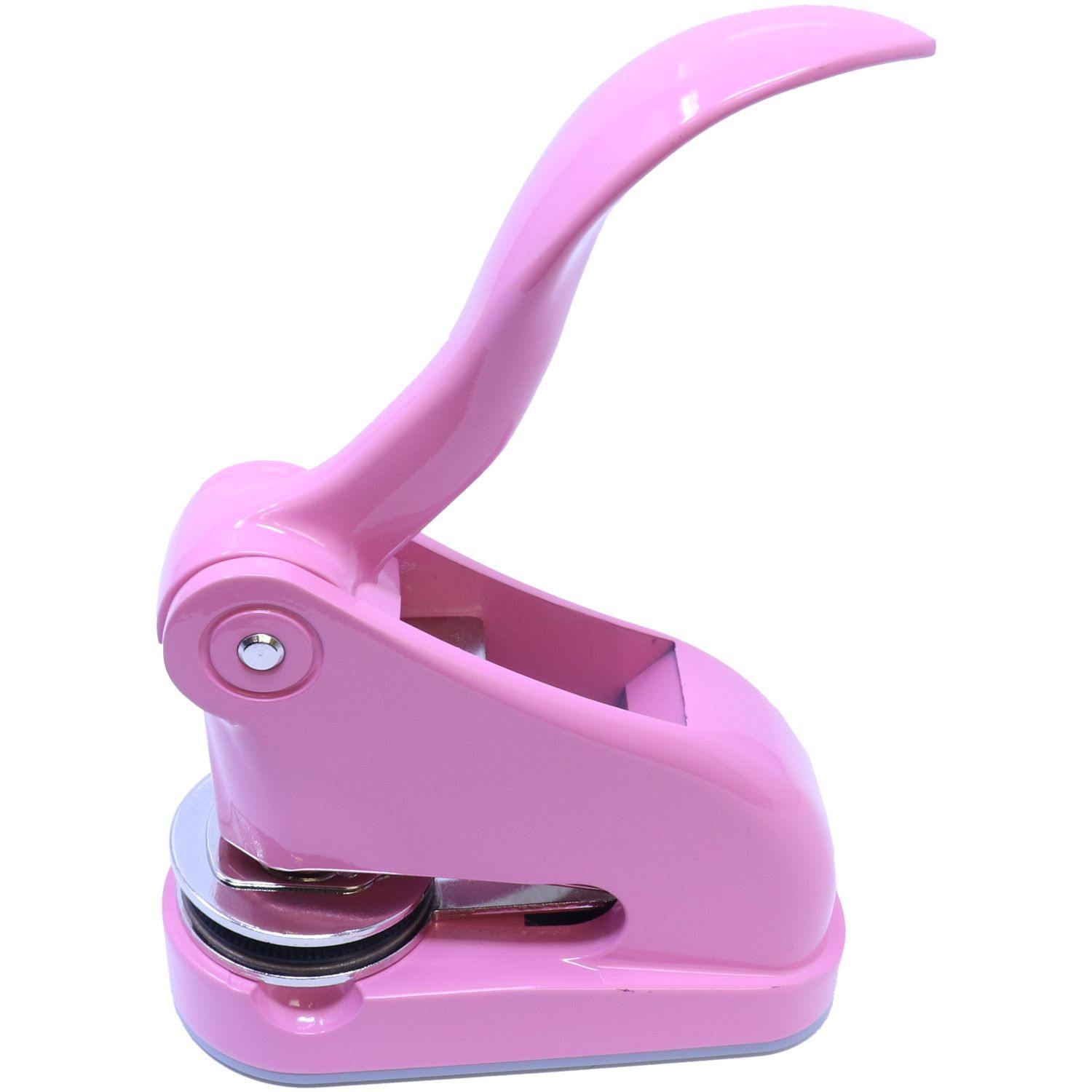 Professional Pink Gift Embosser with a sleek design, angled side shot showing the handle and embossing mechanism.