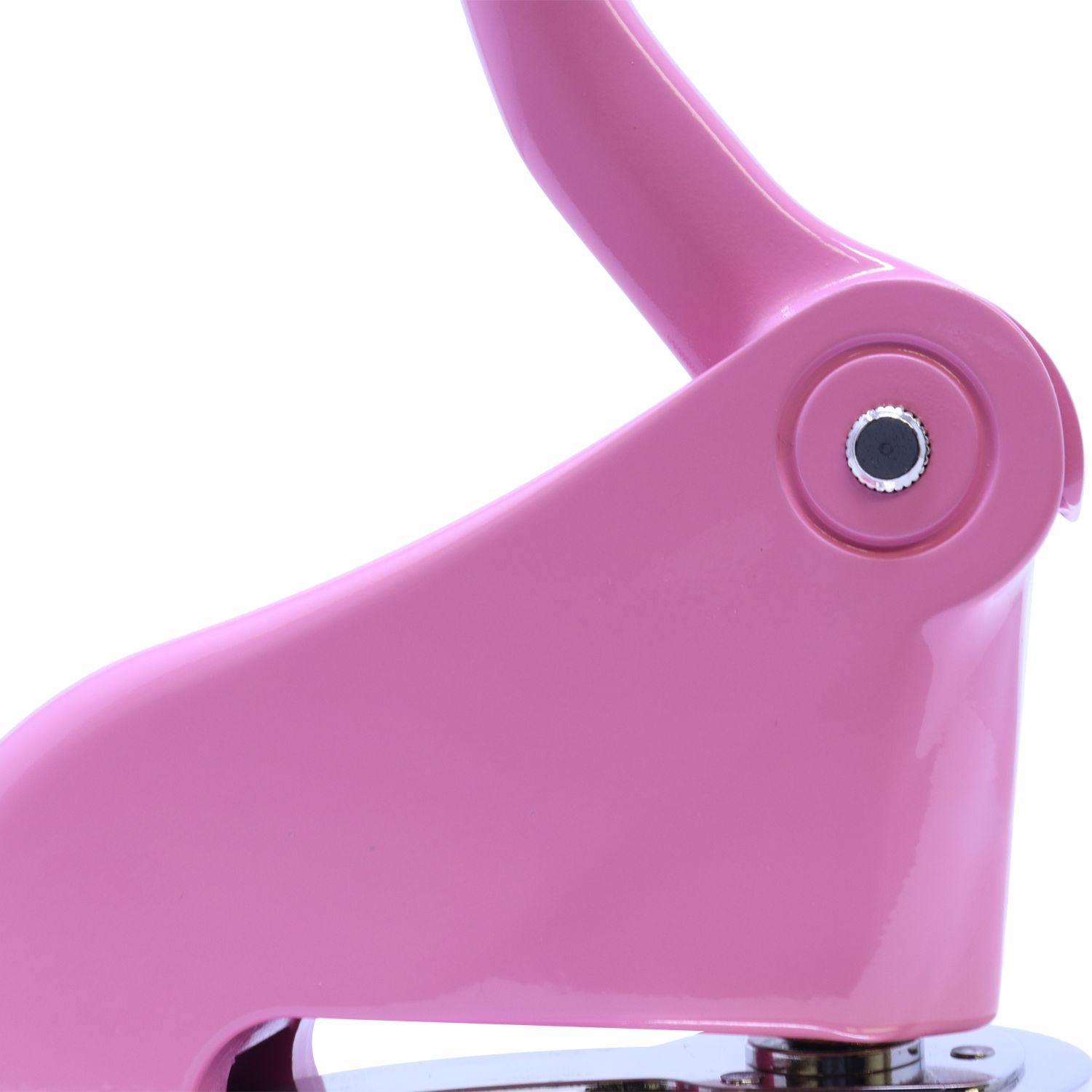 Close-up of the Public Weighmaster Pink Gift Embosser handle, showcasing its sleek design and vibrant pink color.