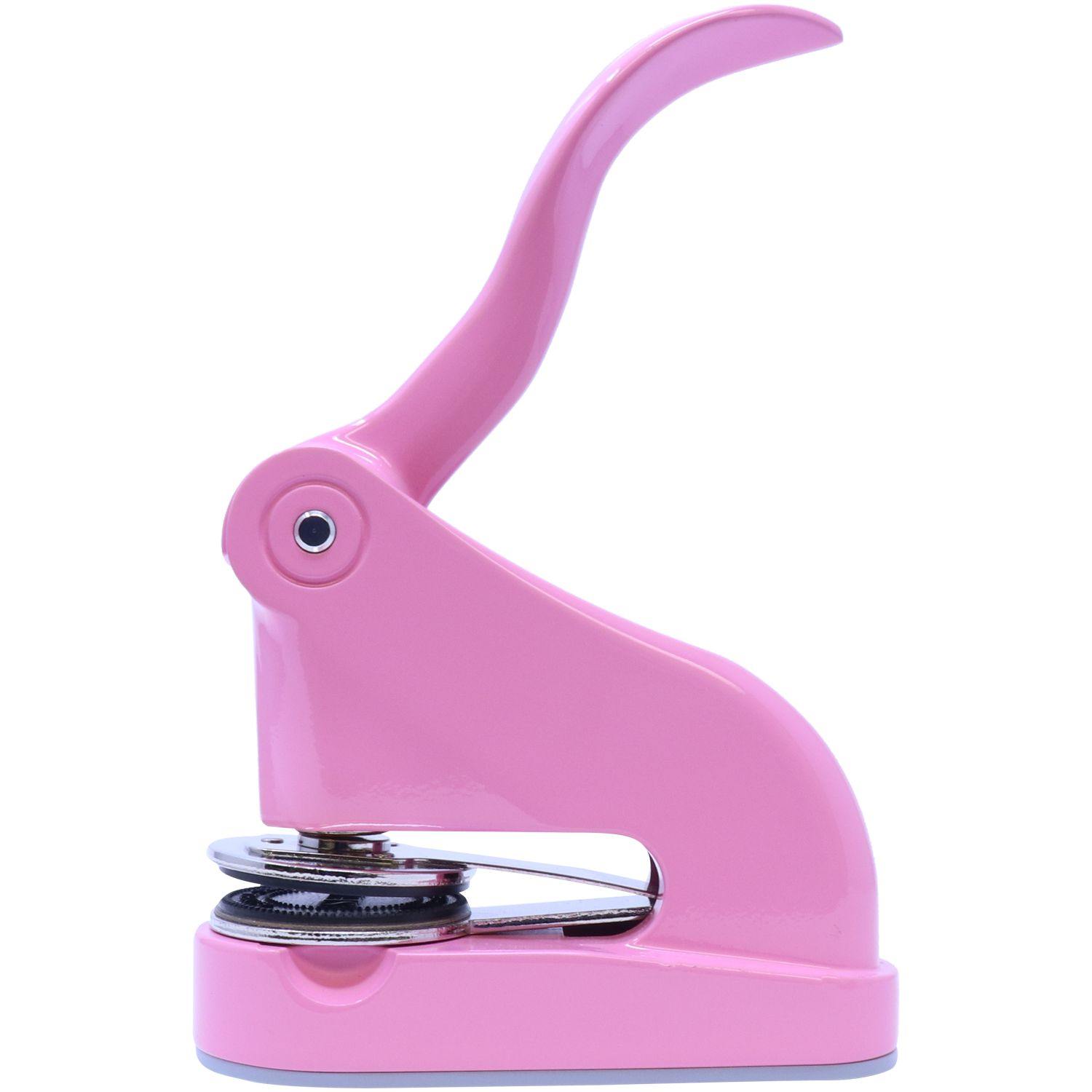 Pink Geologist Gift Embosser with a sleek design, side view showing the lever and embossing mechanism, perfect for personalized gifts.