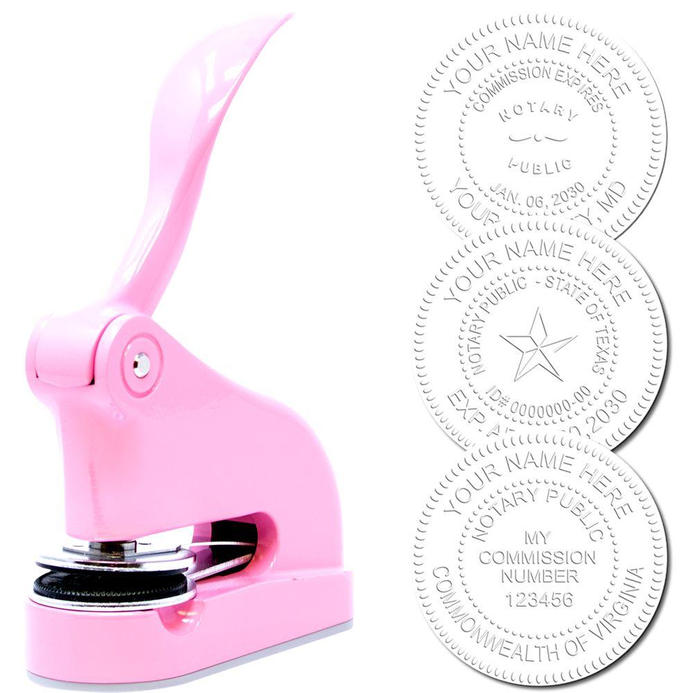 Pink Gift Notary Embosser with a sleek pink handle and three sample embossed seals showing customizable notary public information.