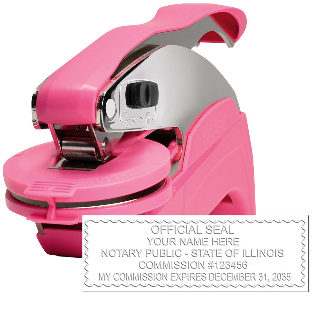 The main image for the Pink Hybrid Illinois Notary Embosser depicting a sample of the imprint and electronic files