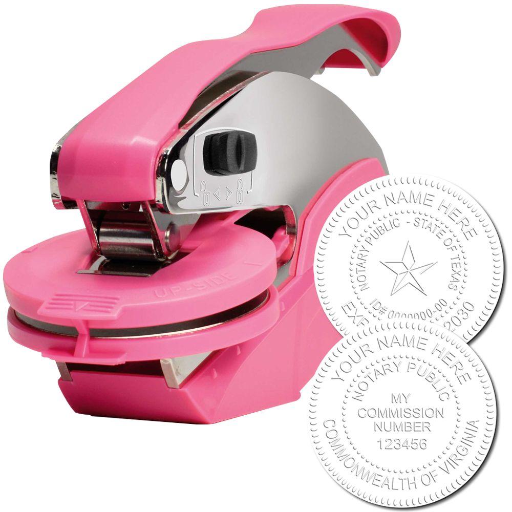 Pink Hybrid Notary Embosser with a sleek design, shown with two embossed notary seals displaying customizable text and commission number.