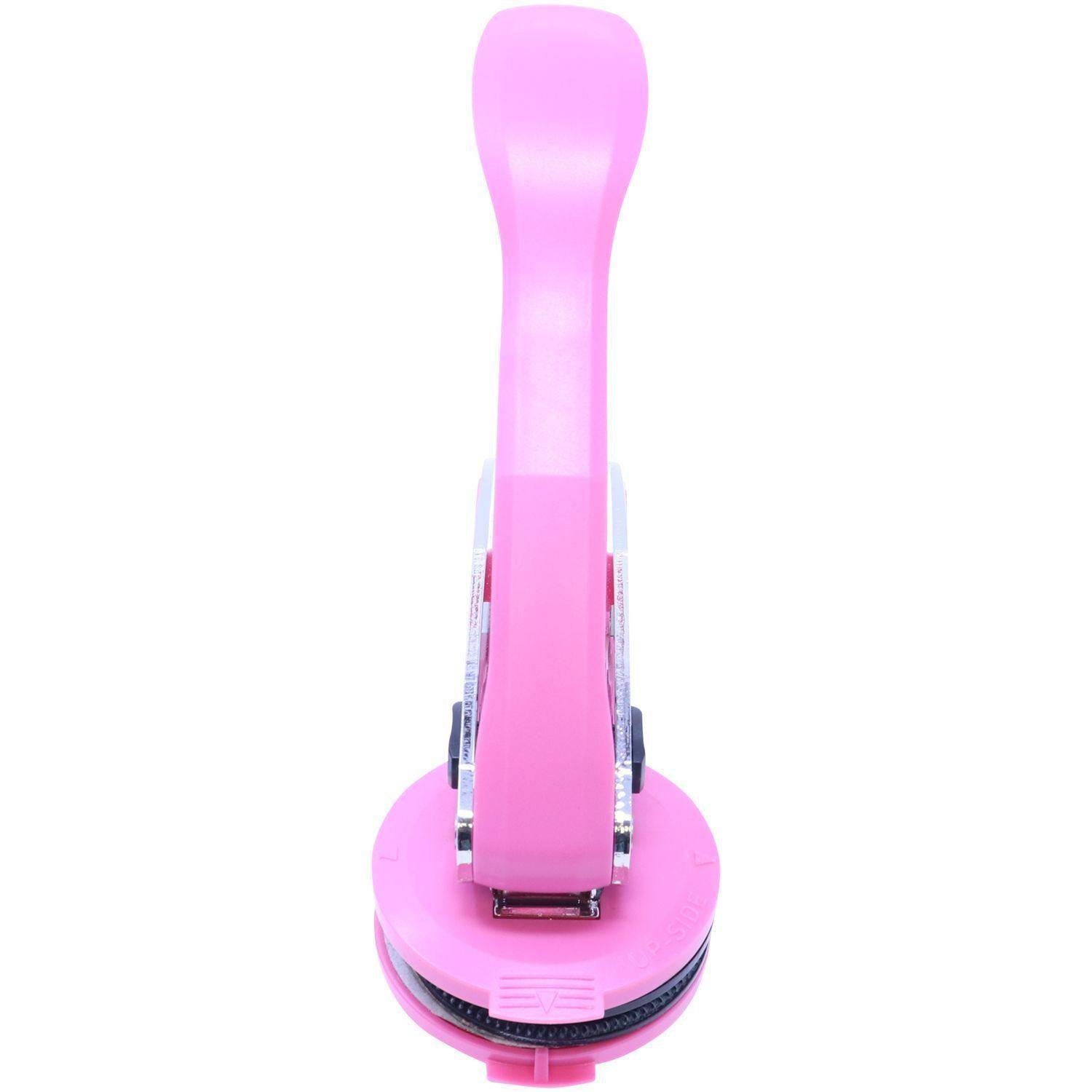 Architect Pink Hybrid Handheld Embosser with a pink handle and round base, shown in an open position, designed for creating embossed seals on documents.