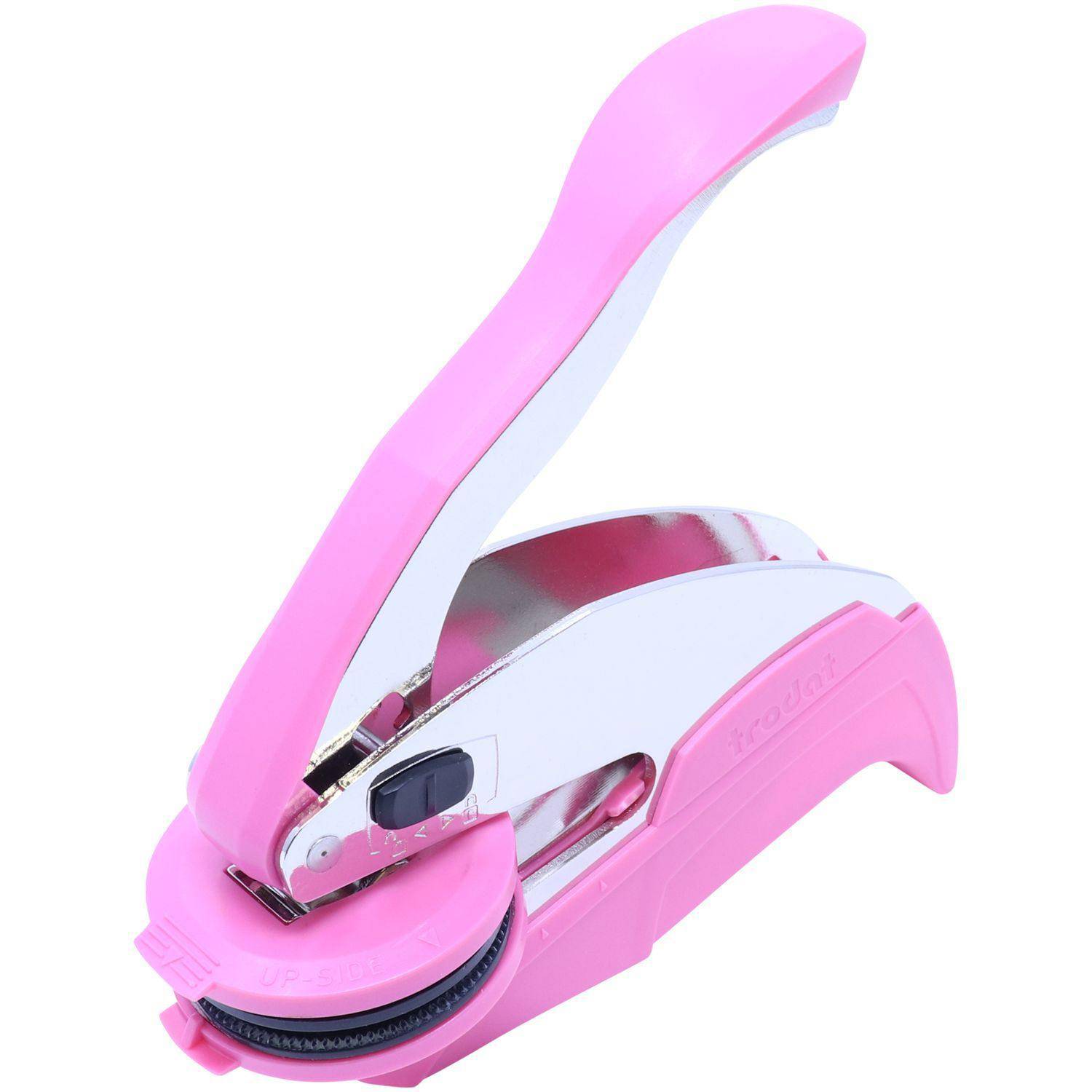 Architect Pink Hybrid Handheld Embosser with a sleek pink design, ergonomic handle, and round clip, shown in an open position.