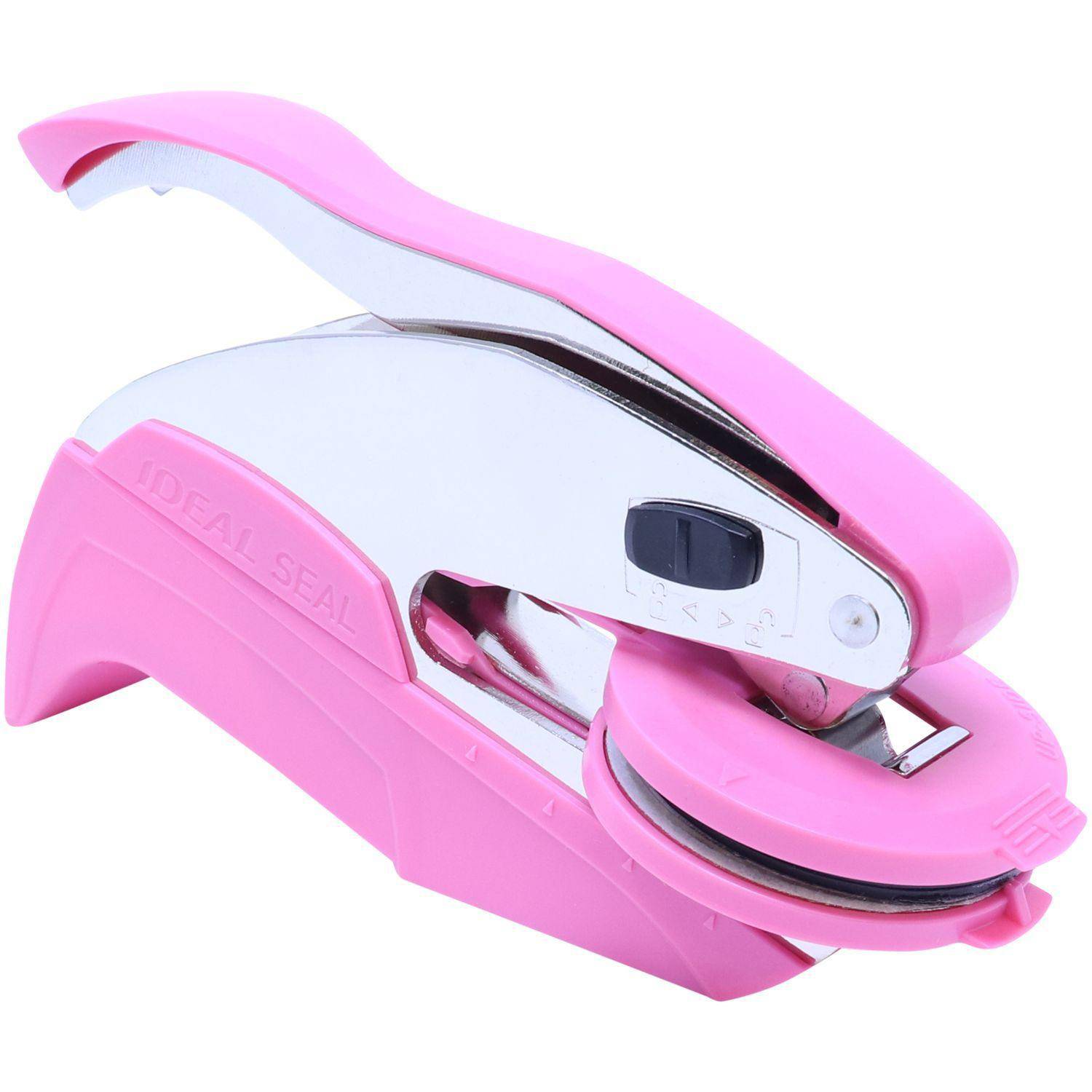 Architect Pink Hybrid Handheld Embosser with a sleek design, featuring a pink handle and base, and a metallic embossing mechanism. The embosser is shown from a side angle, highlighting its compact and ergonomic shape.