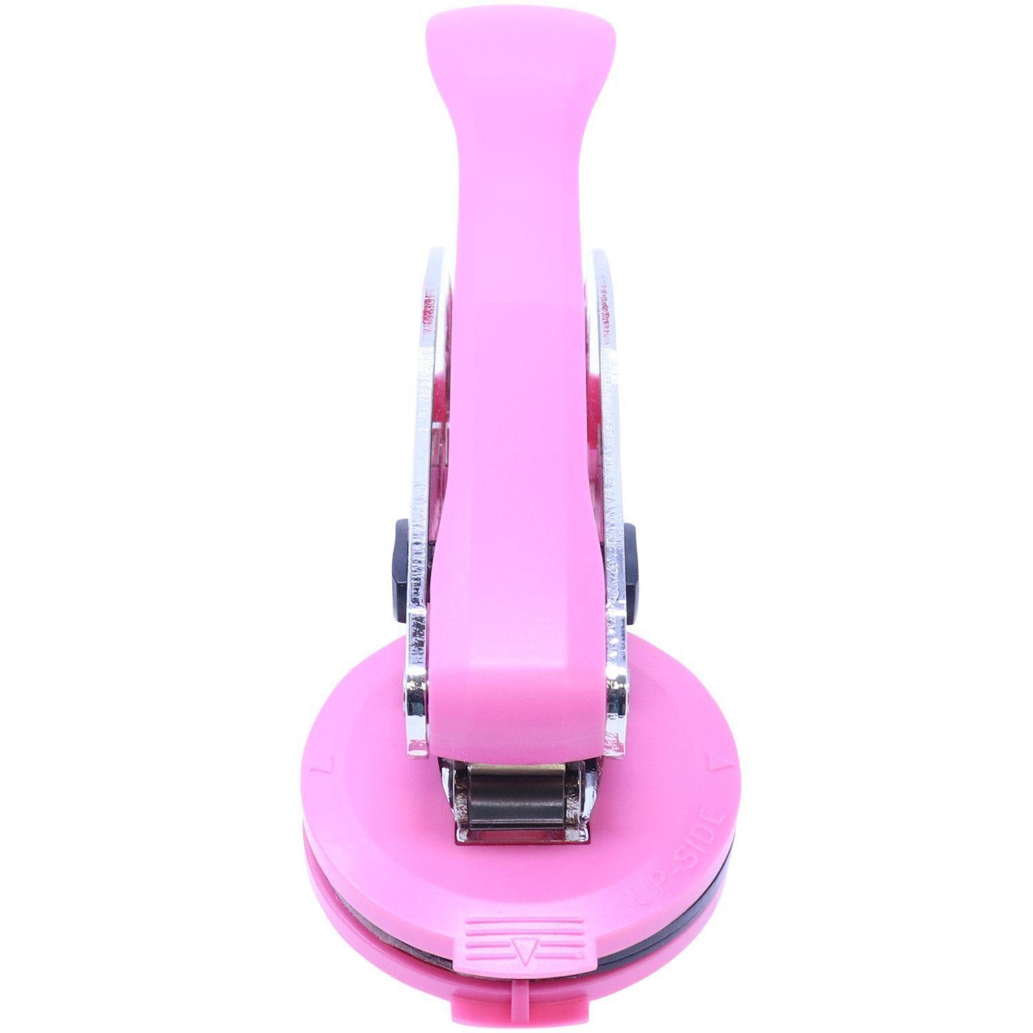 Geologist Pink Hybrid Handheld Embosser with a pink handle and round base, shown from a top-angle view on a white background.