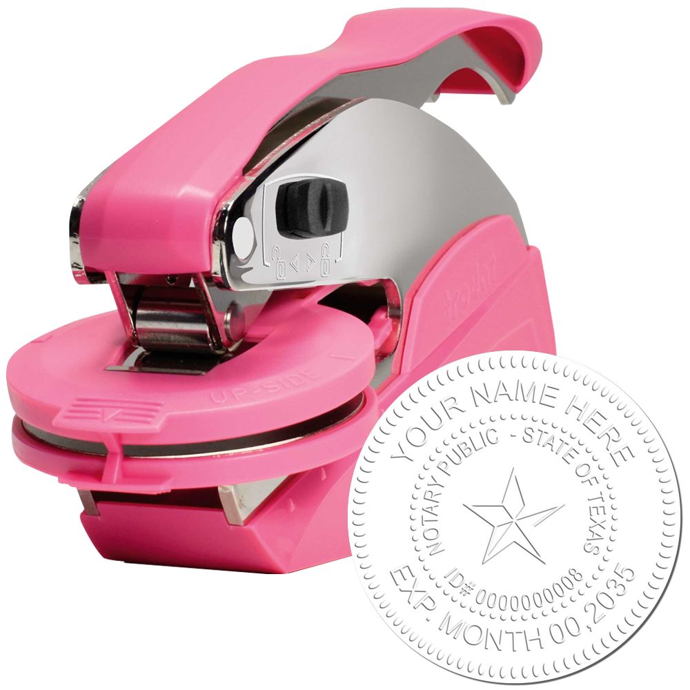 The main image for the Pink Hybrid Texas Notary Embosser depicting a sample of the imprint and electronic files