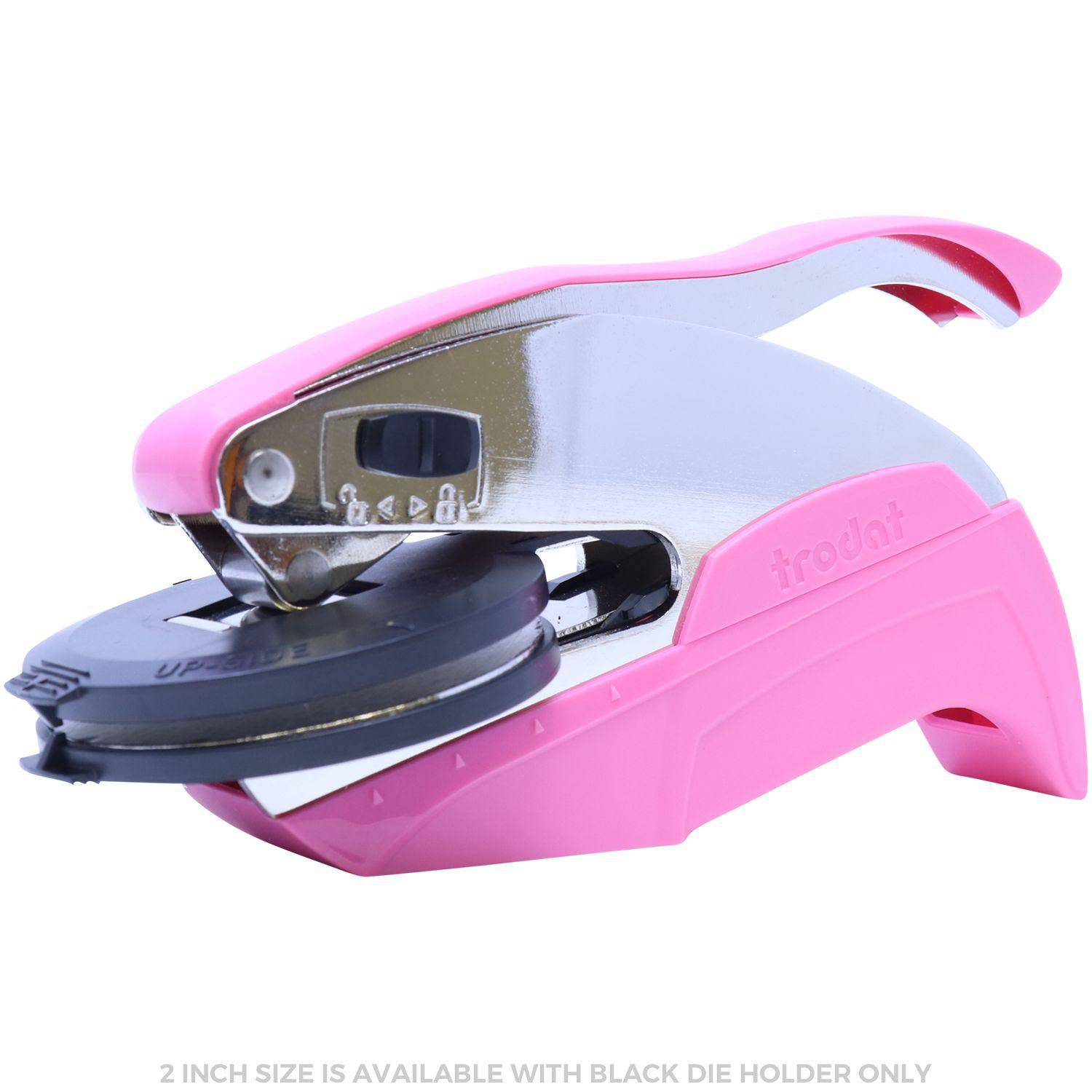 Architect Pink Hybrid Handheld Embosser with a sleek pink and silver design, featuring a 2-inch laser clip. The embosser is shown in a closed position, highlighting its compact and ergonomic shape.