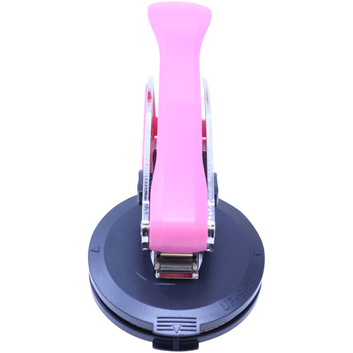 Architect Pink Hybrid Handheld Embosser with a pink handle and black base, shown from the front view. The embosser features a 2-inch laser clip for precise embossing.