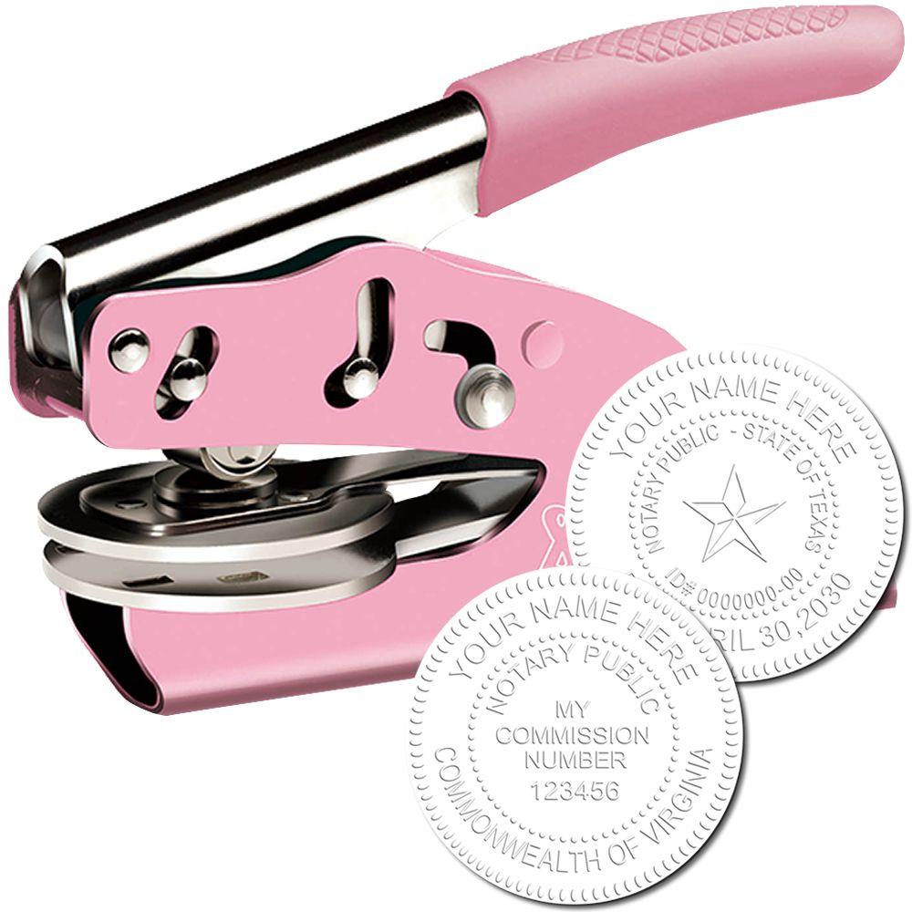 Pink Soft Handheld Notary Seal Embosser with ergonomic handle, shown with two embossed sample seals displaying notary information.