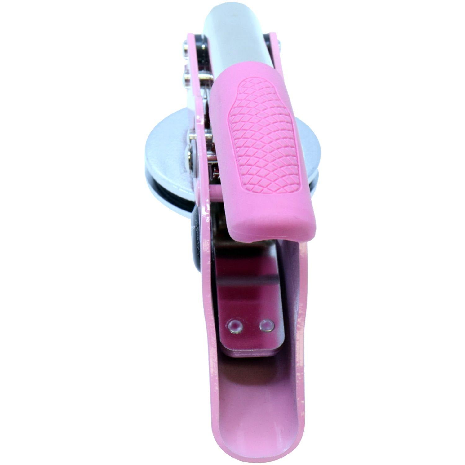 Geologist Pink Seal Handheld Embosser with a textured pink handle, viewed from the backside, showcasing its ergonomic design.