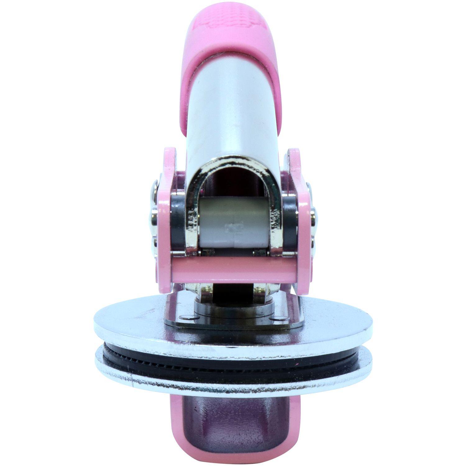 Front close-up view of the Geologist Pink Seal Handheld Embosser, showcasing its pink handle and metal embossing plates.