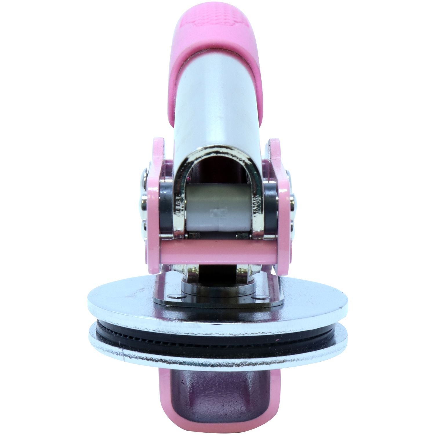 Pink Soft Handheld Notary Seal Embosser with a close-up view of the front, showcasing the pink handle and metal embossing plates.