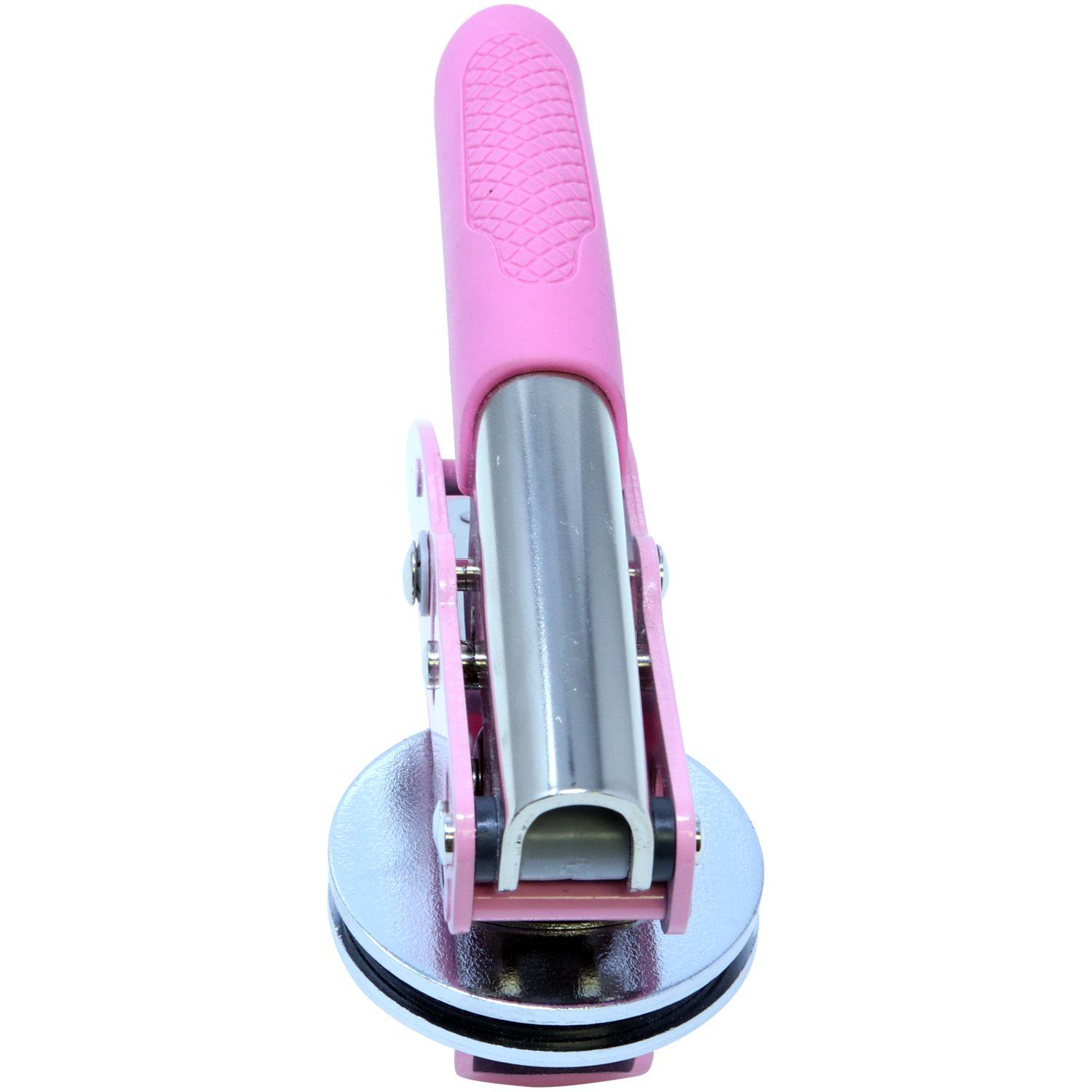Geologist Pink Seal Handheld Embosser with a pink handle and metallic embossing plates, front view.