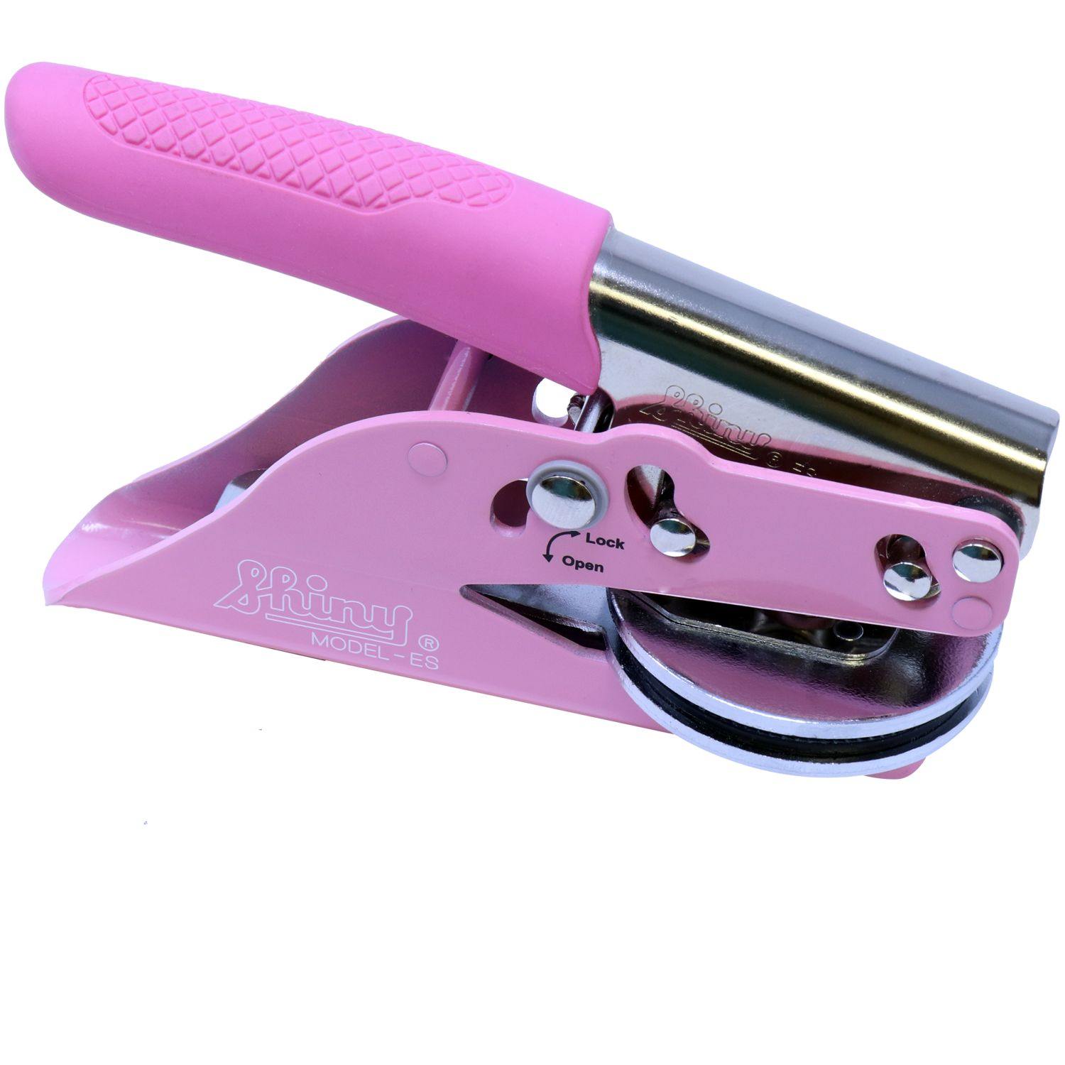 Professional Pink Seal Embosser with ergonomic handle, side angle view, showcasing the lock mechanism and shiny metal components.