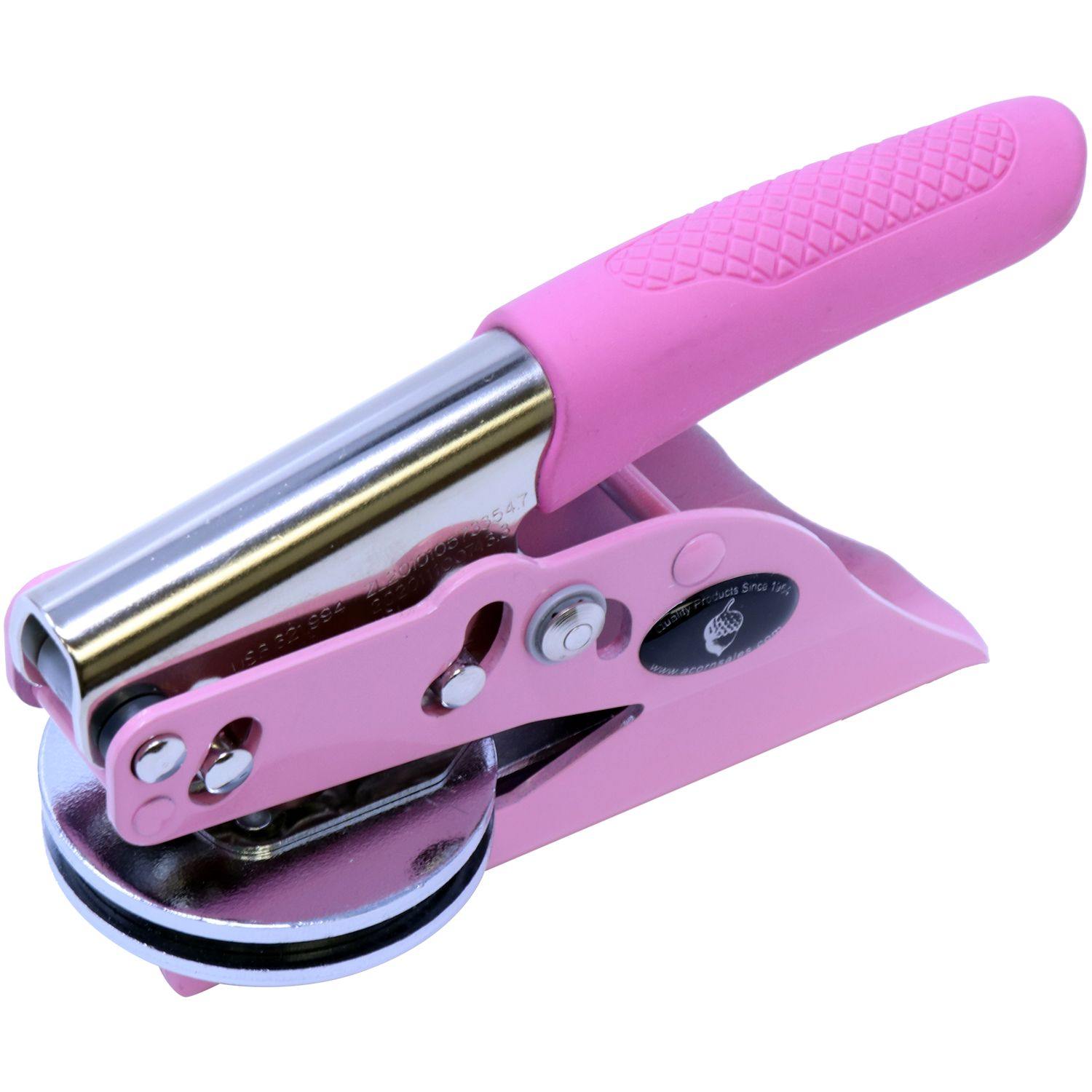 Geologist Pink Seal Handheld Embosser with a pink handle and metallic body, shown from a side angle on a white background.
