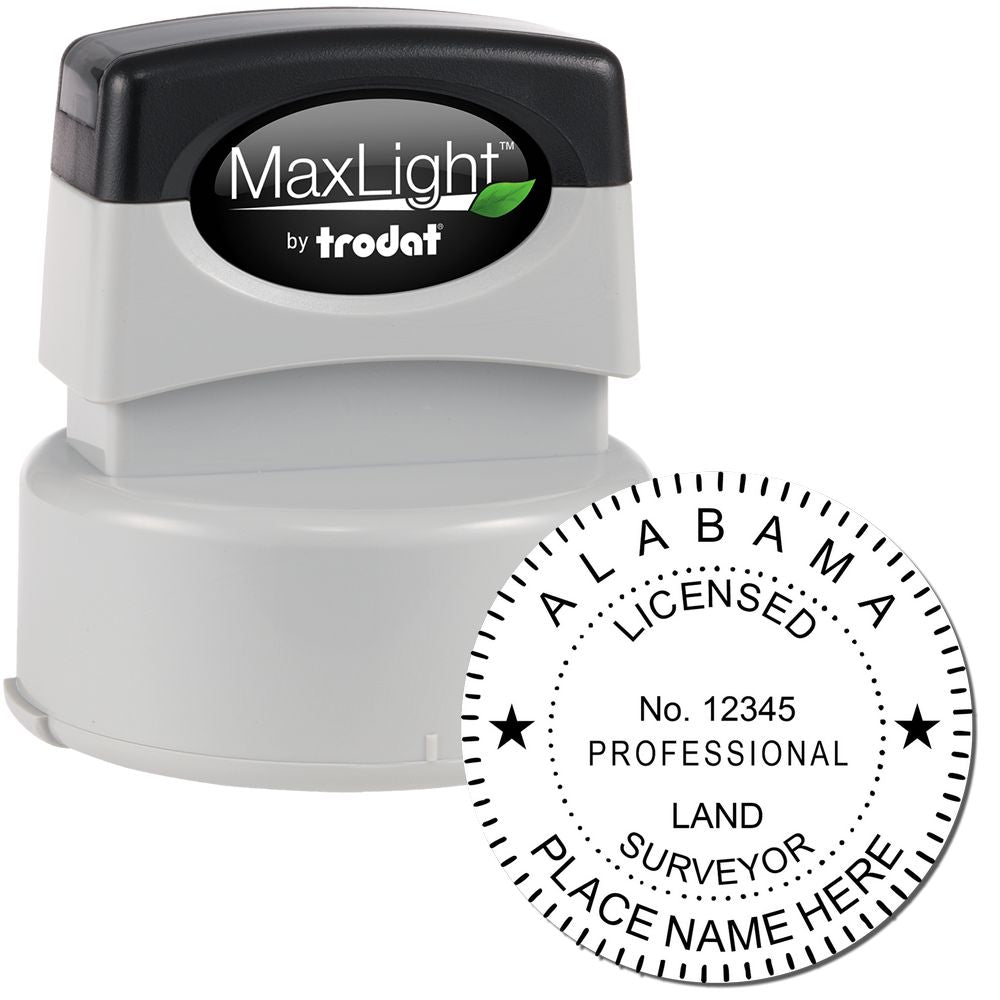 Premium MaxLight Pre-Inked Alabama Surveyors Stamp with black and gray design, featuring a round imprint for licensed professional land surveyors.