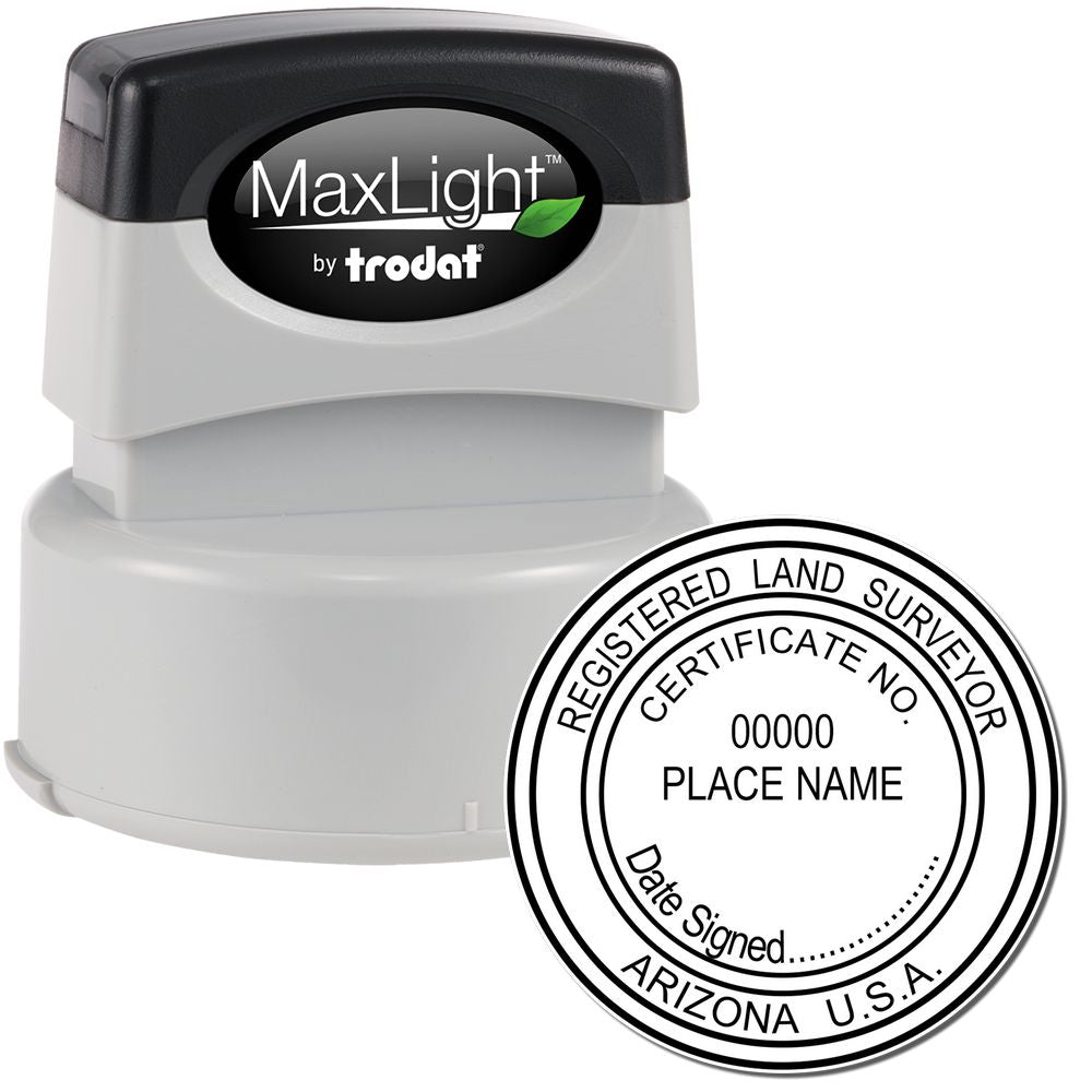 Premium MaxLight Pre-Inked Arizona Surveyors Stamp with a black and gray design, alongside an example of the stamped imprint."