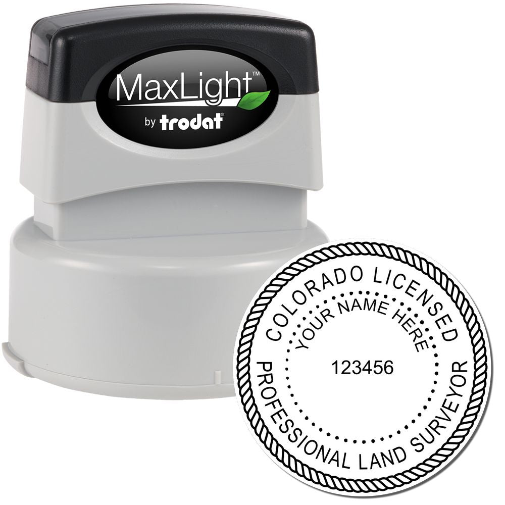 Premium MaxLight Pre-Inked Colorado Surveyors Stamp with black and gray design, featuring customizable text for professional land surveyors.