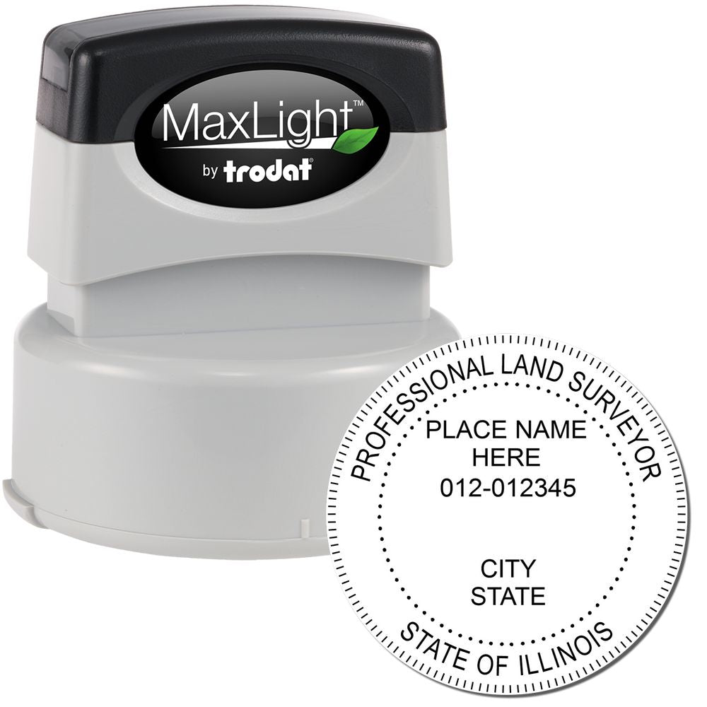 Premium MaxLight Pre-Inked Illinois Surveyors Stamp with a round imprint showing professional land surveyor details for Illinois."
