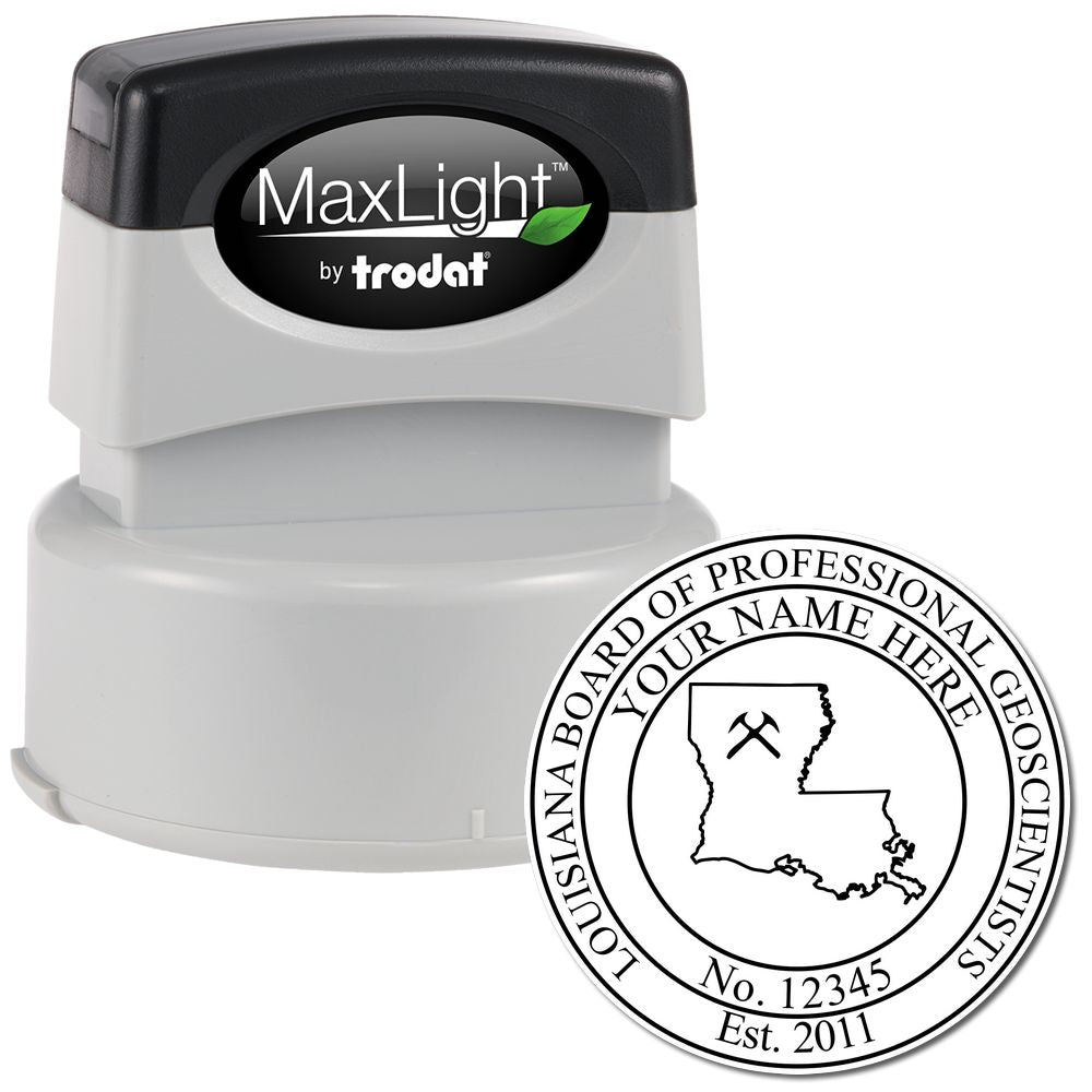 The main image for the Premium MaxLight Pre-Inked Louisiana Geology Stamp depicting a sample of the imprint and imprint sample