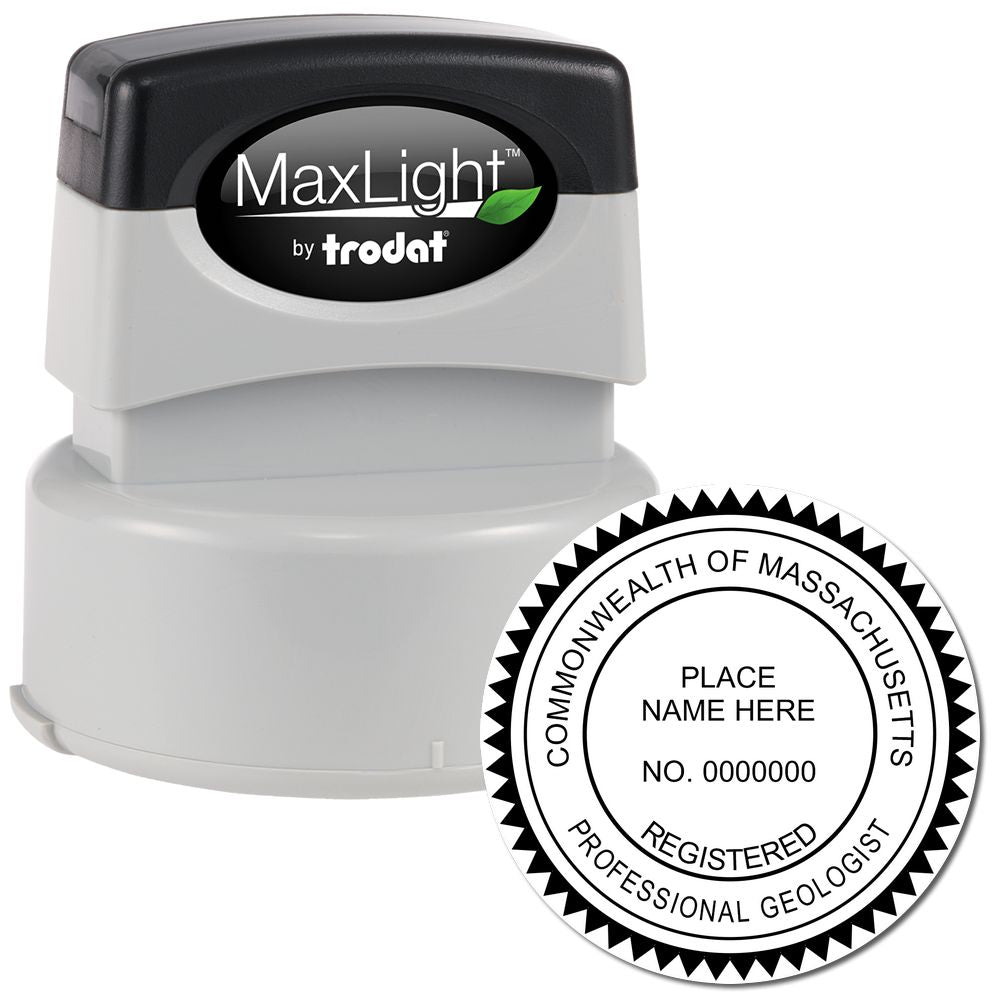 The main image for the Premium MaxLight Pre-Inked Massachusetts Geology Stamp depicting a sample of the imprint and imprint sample