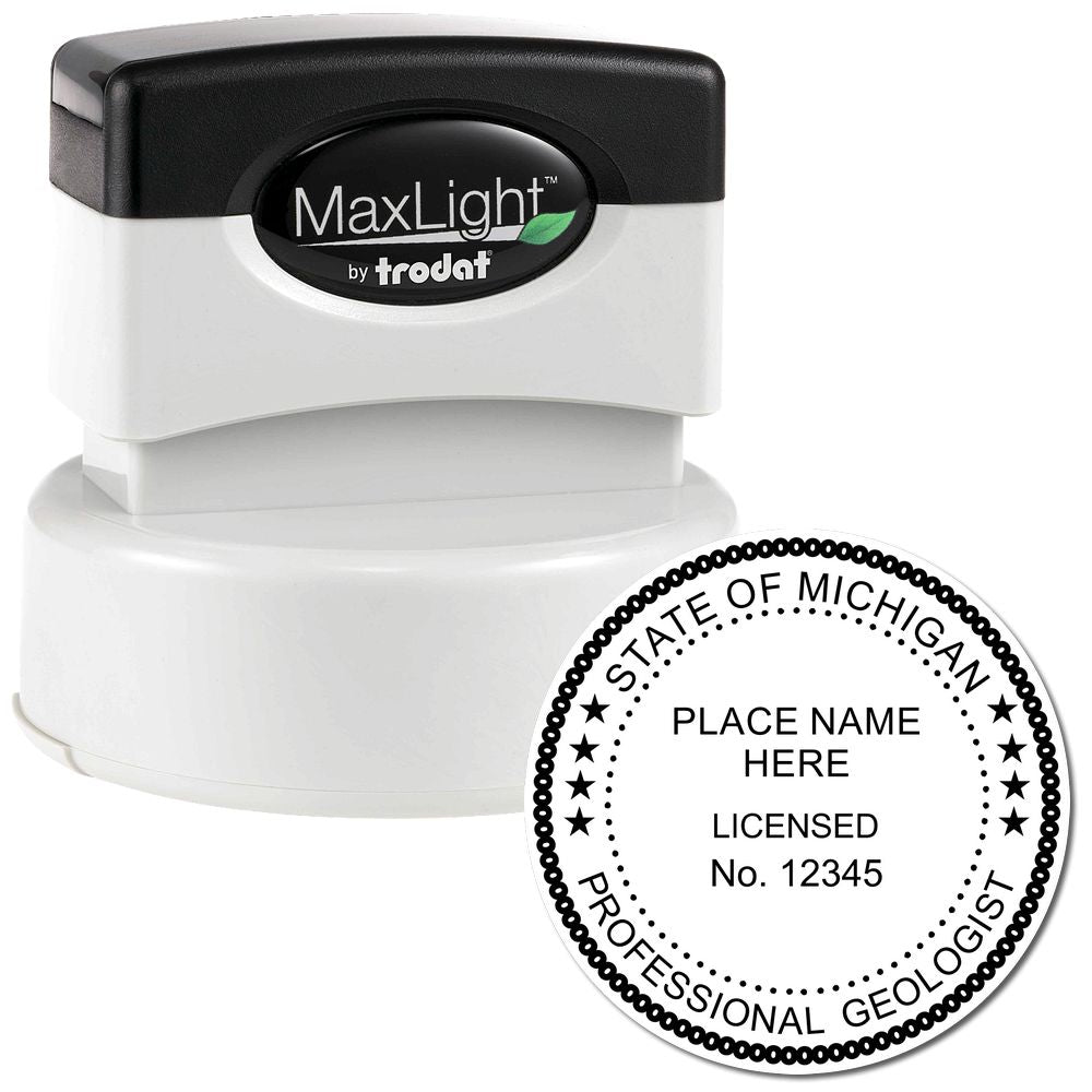 The main image for the Premium MaxLight Pre-Inked Michigan Geology Stamp depicting a sample of the imprint and imprint sample