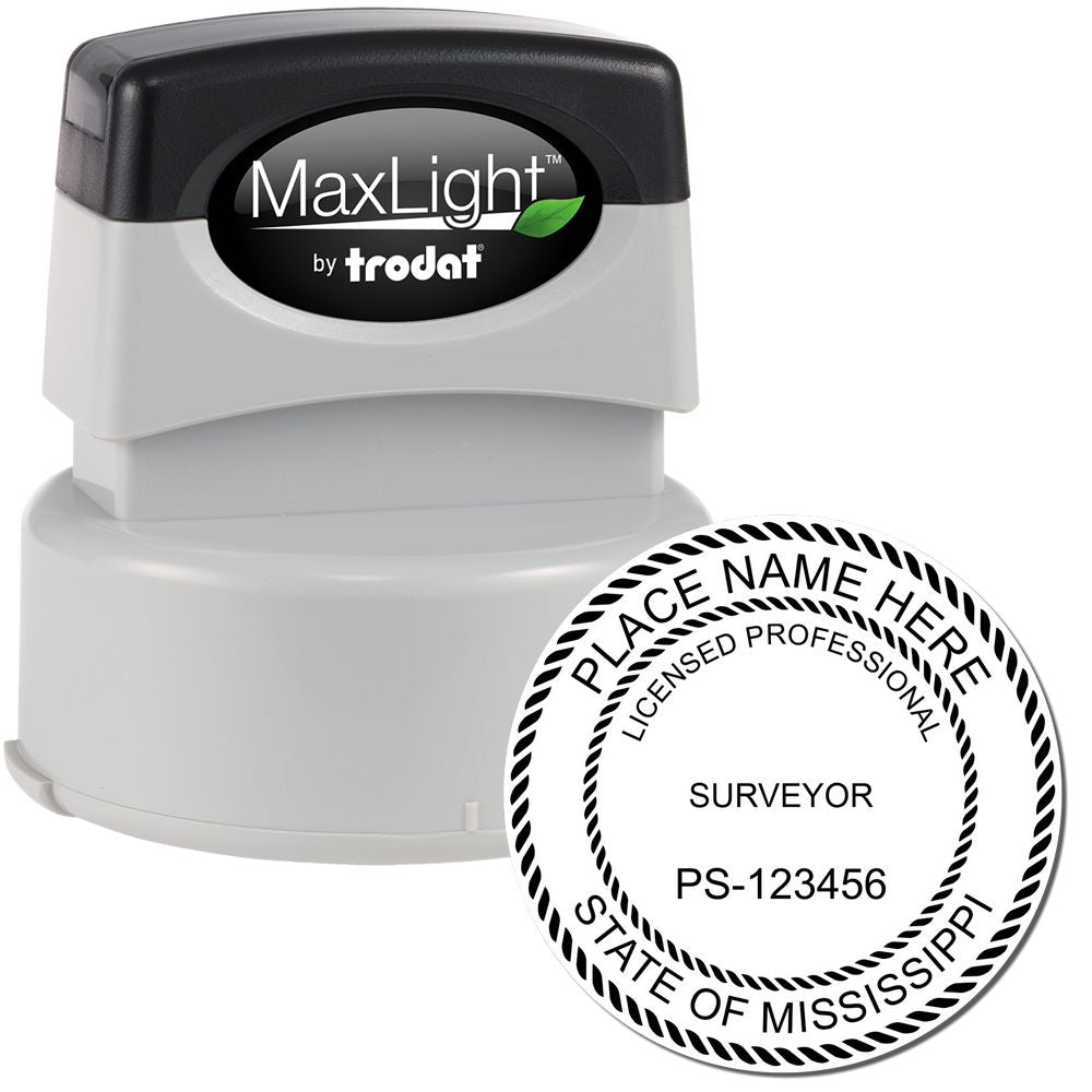 Premium MaxLight Pre-Inked Mississippi Surveyors Stamp with a black and gray design, shown next to an example imprint for licensed professionals.