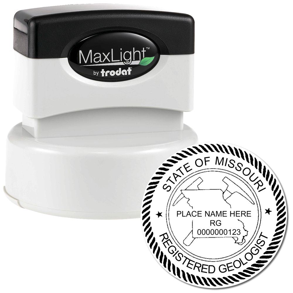 The main image for the Premium MaxLight Pre-Inked Missouri Geology Stamp depicting a sample of the imprint and imprint sample
