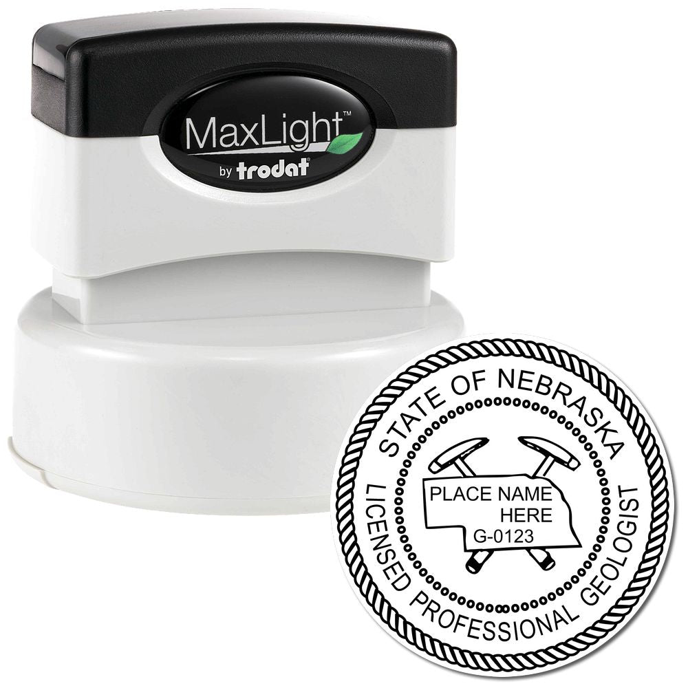 The main image for the Premium MaxLight Pre-Inked Nebraska Geology Stamp depicting a sample of the imprint and imprint sample