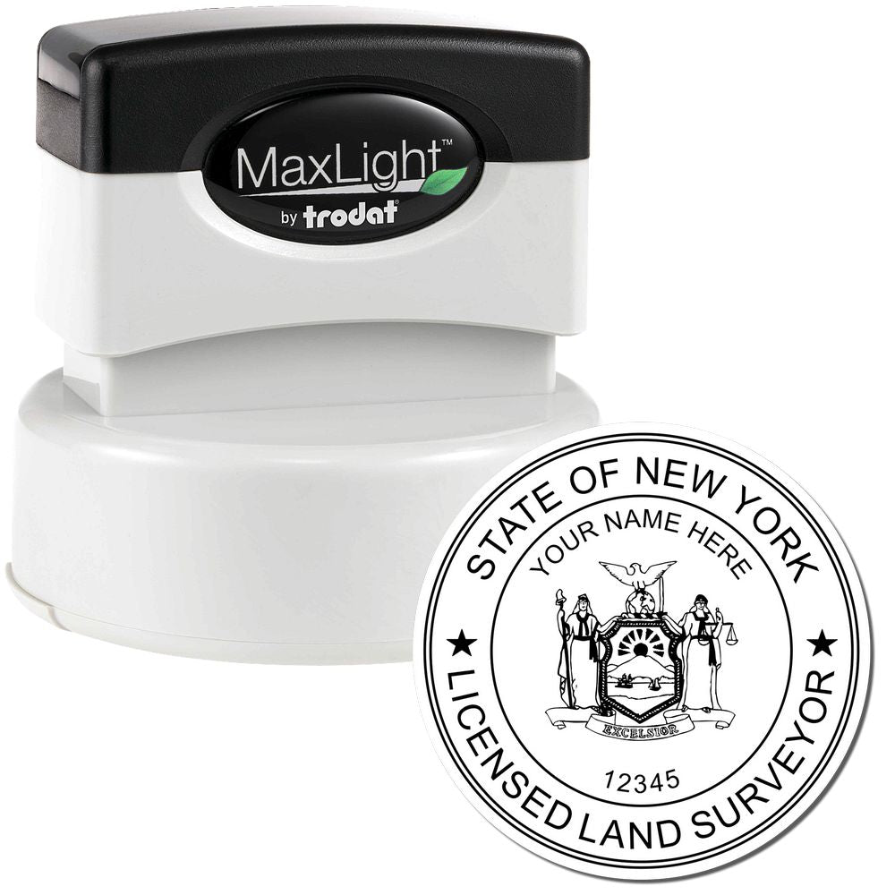 Image of the Premium MaxLight Pre-Inked New York Surveyors Stamp, featuring a round stamp with the New York state seal and customizable text.