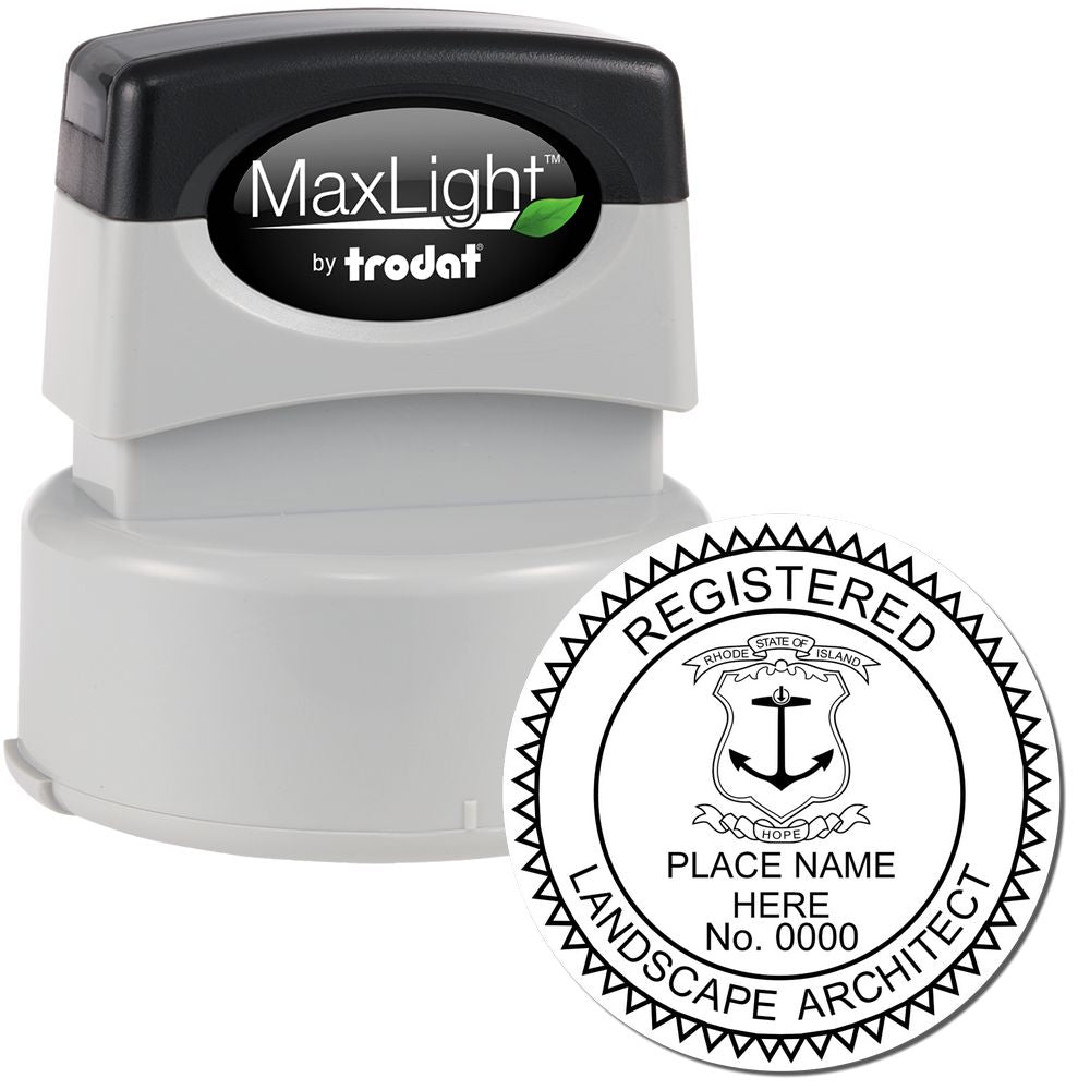 The main image for the Premium MaxLight Pre-Inked Rhode Is Landscape Architects Stamp depicting a sample of the imprint and electronic files