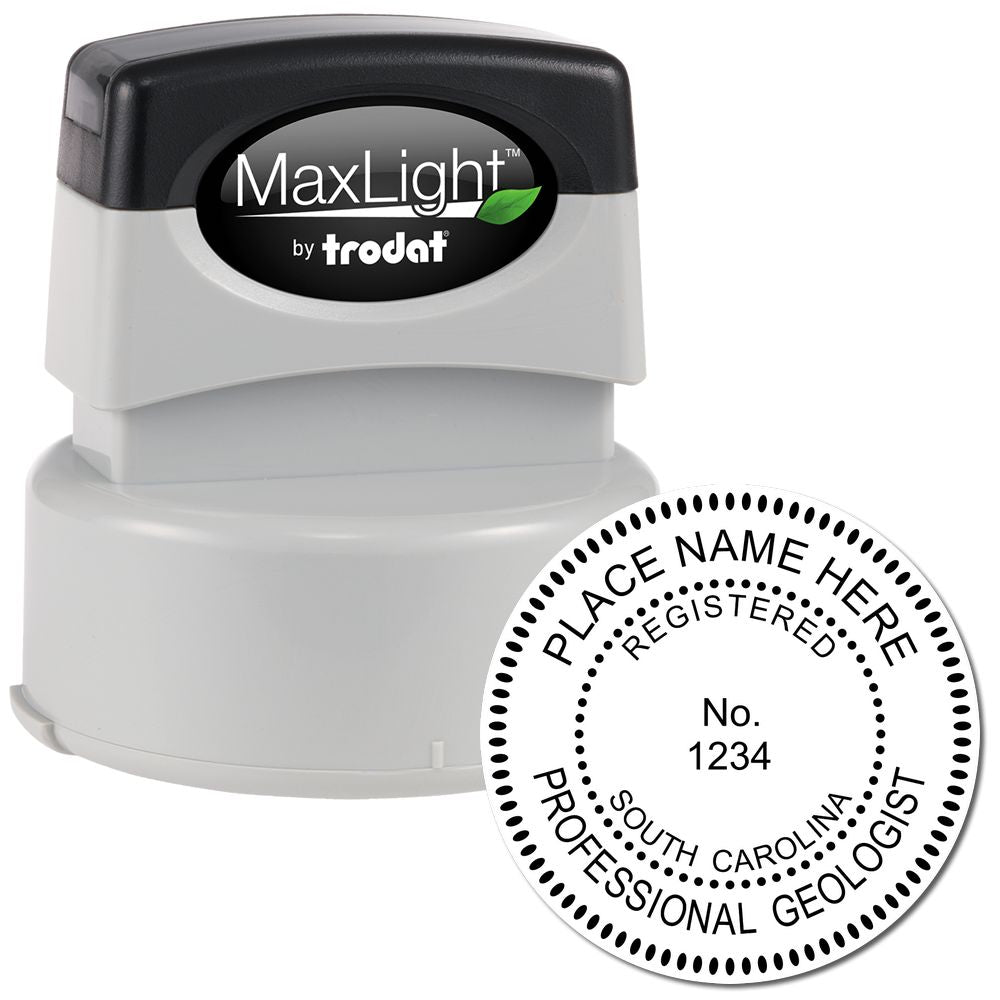 The main image for the Premium MaxLight Pre-Inked South Carolina Geology Stamp depicting a sample of the imprint and imprint sample