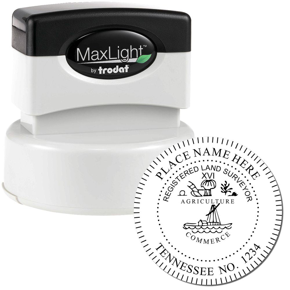 Premium MaxLight Pre-Inked Tennessee Surveyors Stamp with black handle and detailed circular imprint for registered land surveyors.