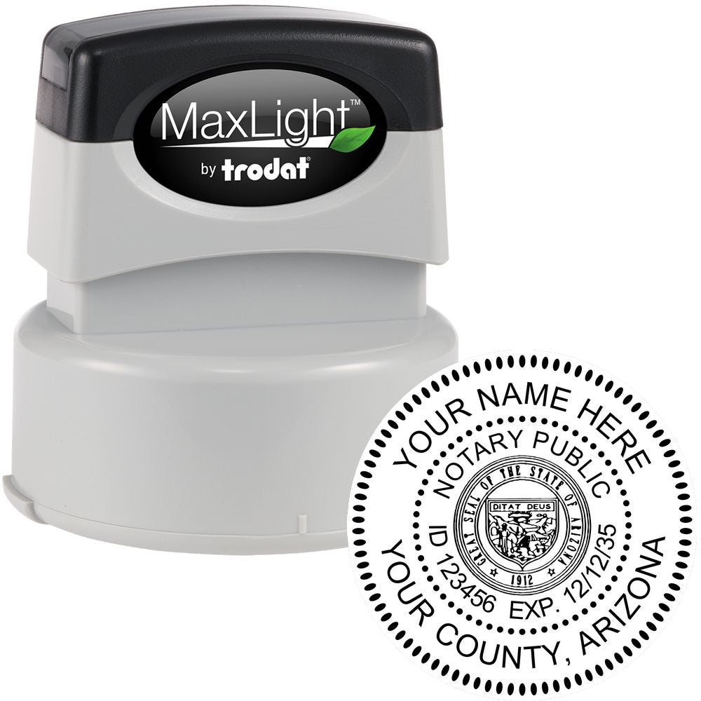 The main image for the Premium Pre-Inked Arizona MaxLight Notary Public Stamp depicting a sample of the imprint and electronic files