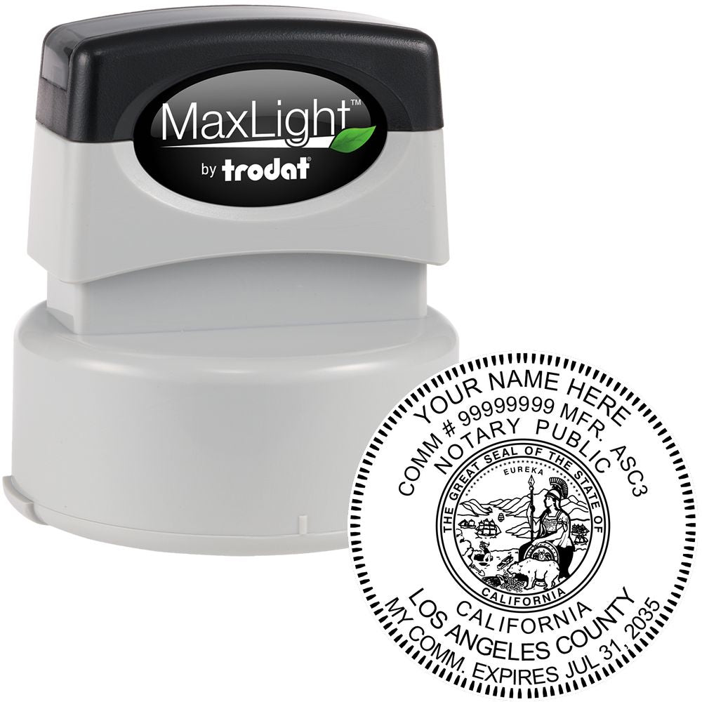 The main image for the Premium Pre-Inked California MaxLight Notary Public Stamp depicting a sample of the imprint and electronic files