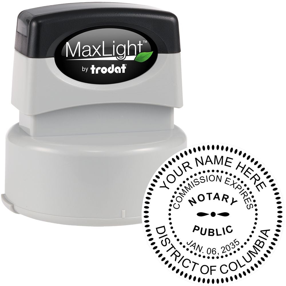 The main image for the Premium Pre-Inked DC MaxLight Notary Public Stamp depicting a sample of the imprint and electronic files