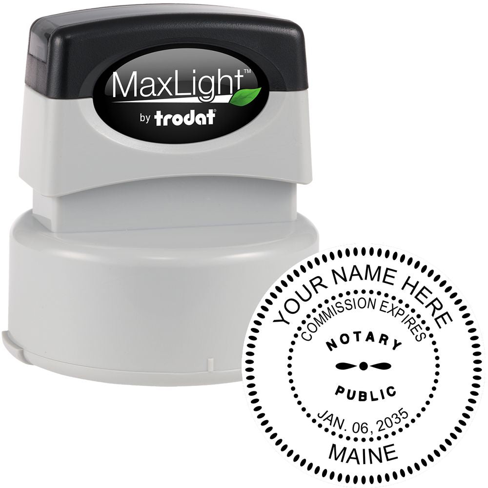 The main image for the Premium Pre-Inked Maine MaxLight Notary Public Stamp depicting a sample of the imprint and electronic files