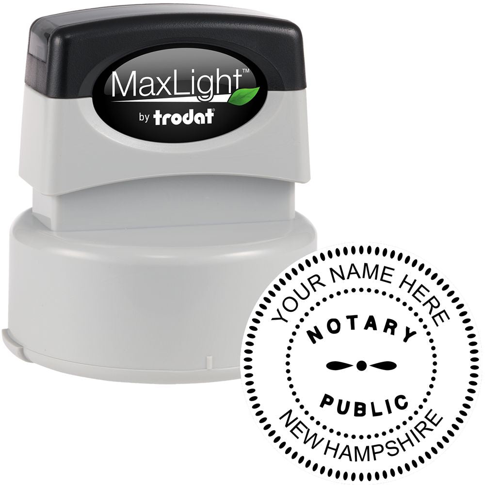 The main image for the Premium Pre-Inked New Hampshire MaxLight Notary Public Stamp depicting a sample of the imprint and electronic files