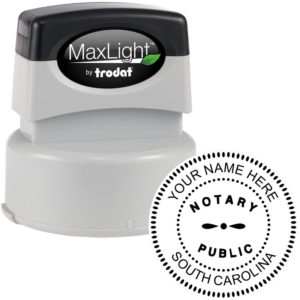 The main image for the Premium Pre-Inked South Carolina MaxLight Notary Public Stamp depicting a sample of the imprint and electronic files